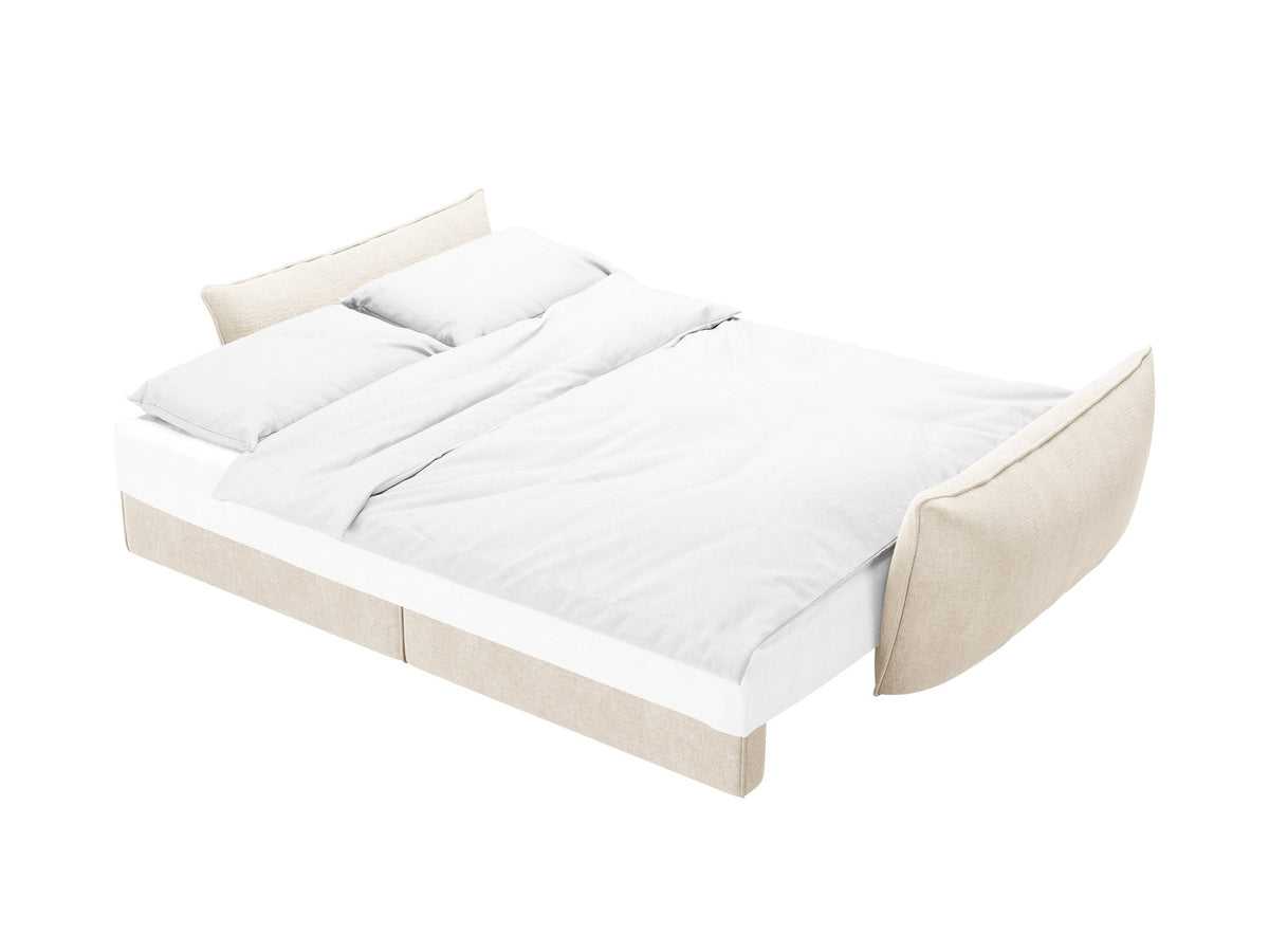 3-Sitzer Sofa Kaelle von Micadoni in leichtem Beige mit Chenille-Bezug, Bettkasten und schwarzen Kunststoffbeinen, Frontalansicht.