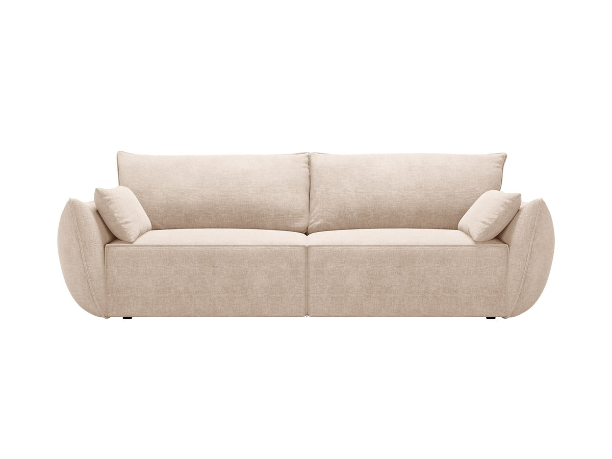 3-Sitzer Sofa Kaelle von Micadoni in leichtem Beige mit Chenille-Bezug, Bettkasten und schwarzen Kunststoffbeinen, Frontalansicht.