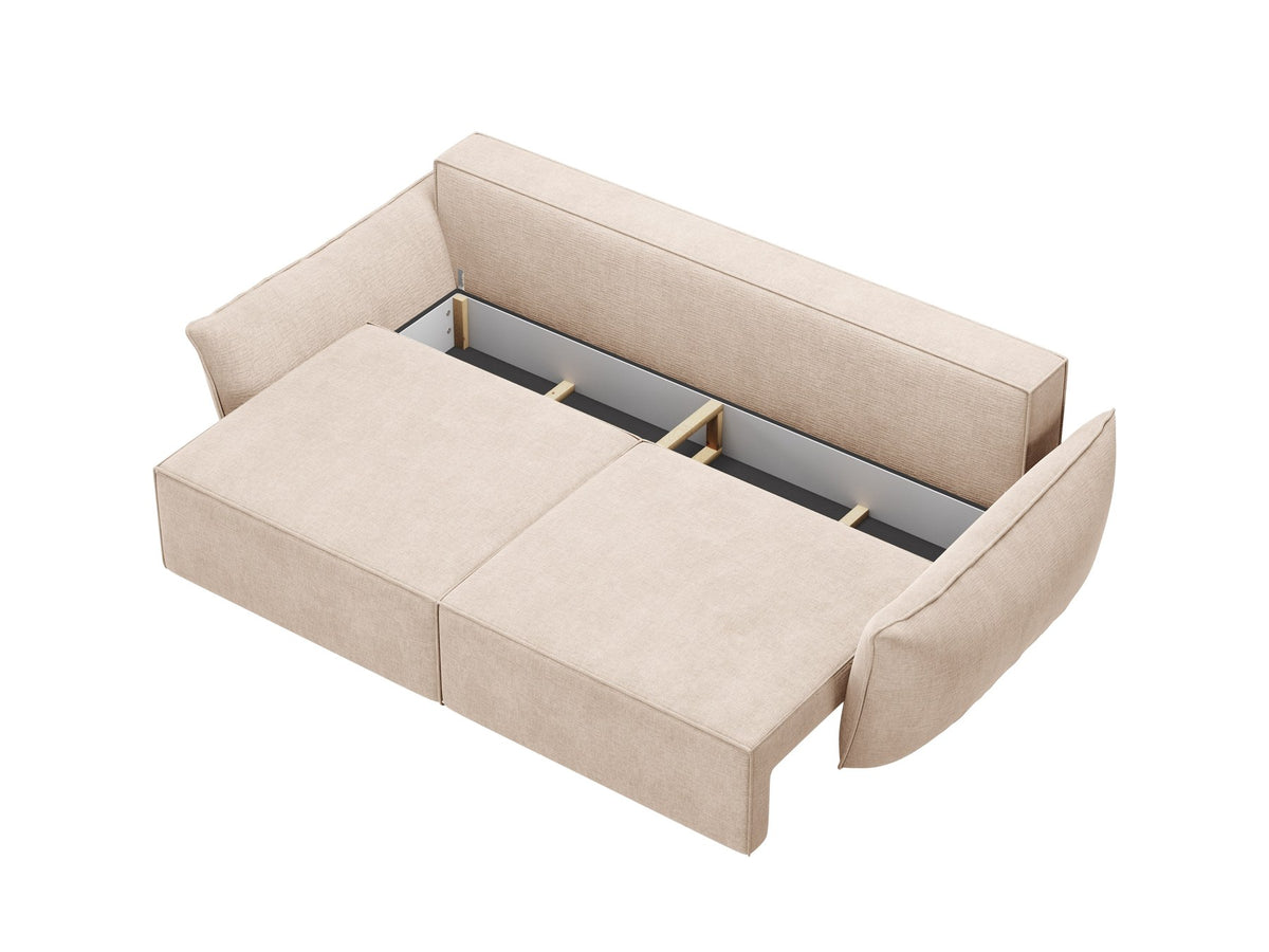3-Sitzer Sofa Kaelle von Micadoni in leichtem Beige mit Chenille-Bezug, Bettkasten und schwarzen Kunststoffbeinen, Frontalansicht.