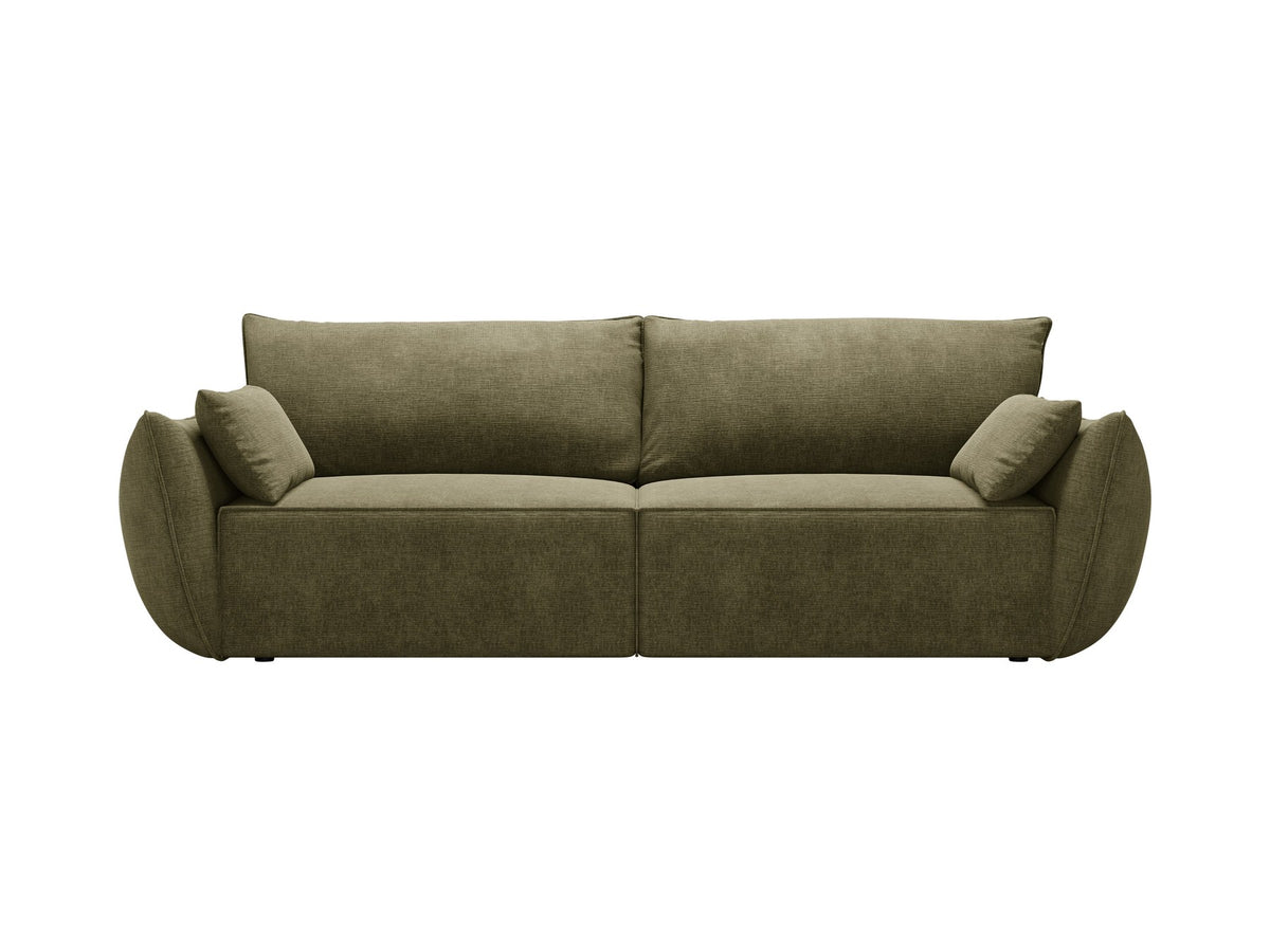 3-Sitzer Sofa Kaelle von Micadoni in leichtem Beige mit Chenille-Bezug, Bettkasten und schwarzen Kunststoffbeinen, Frontalansicht.