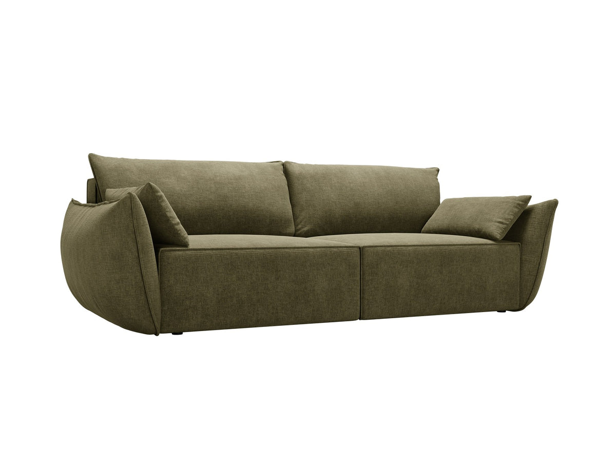 3-Sitzer Sofa Kaelle von Micadoni in leichtem Beige mit Chenille-Bezug, Bettkasten und schwarzen Kunststoffbeinen, Frontalansicht.