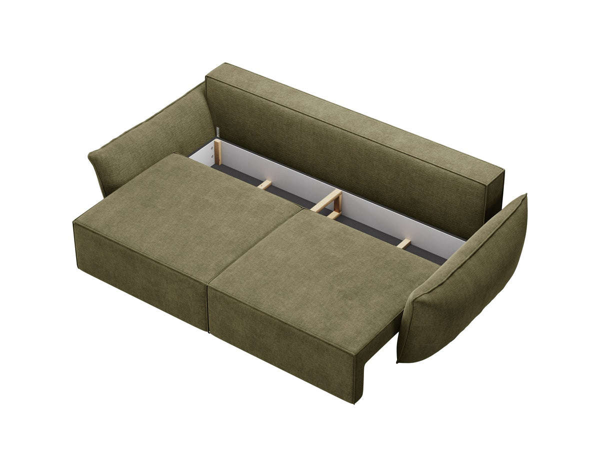 3-Sitzer Sofa Kaelle von Micadoni in leichtem Beige mit Chenille-Bezug, Bettkasten und schwarzen Kunststoffbeinen, Frontalansicht.