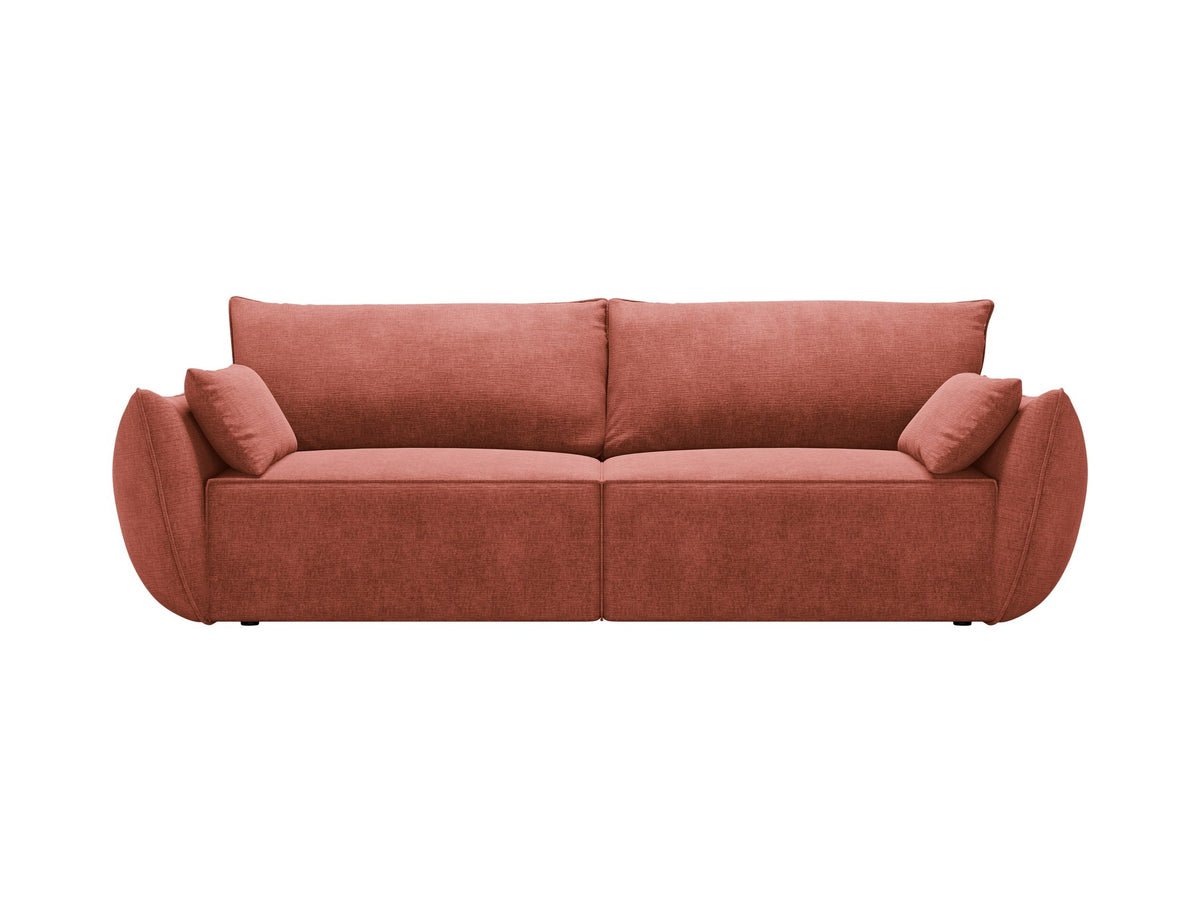 3-Sitzer Sofa Kaelle von Micadoni in leichtem Beige mit Chenille-Bezug, Bettkasten und schwarzen Kunststoffbeinen, Frontalansicht.