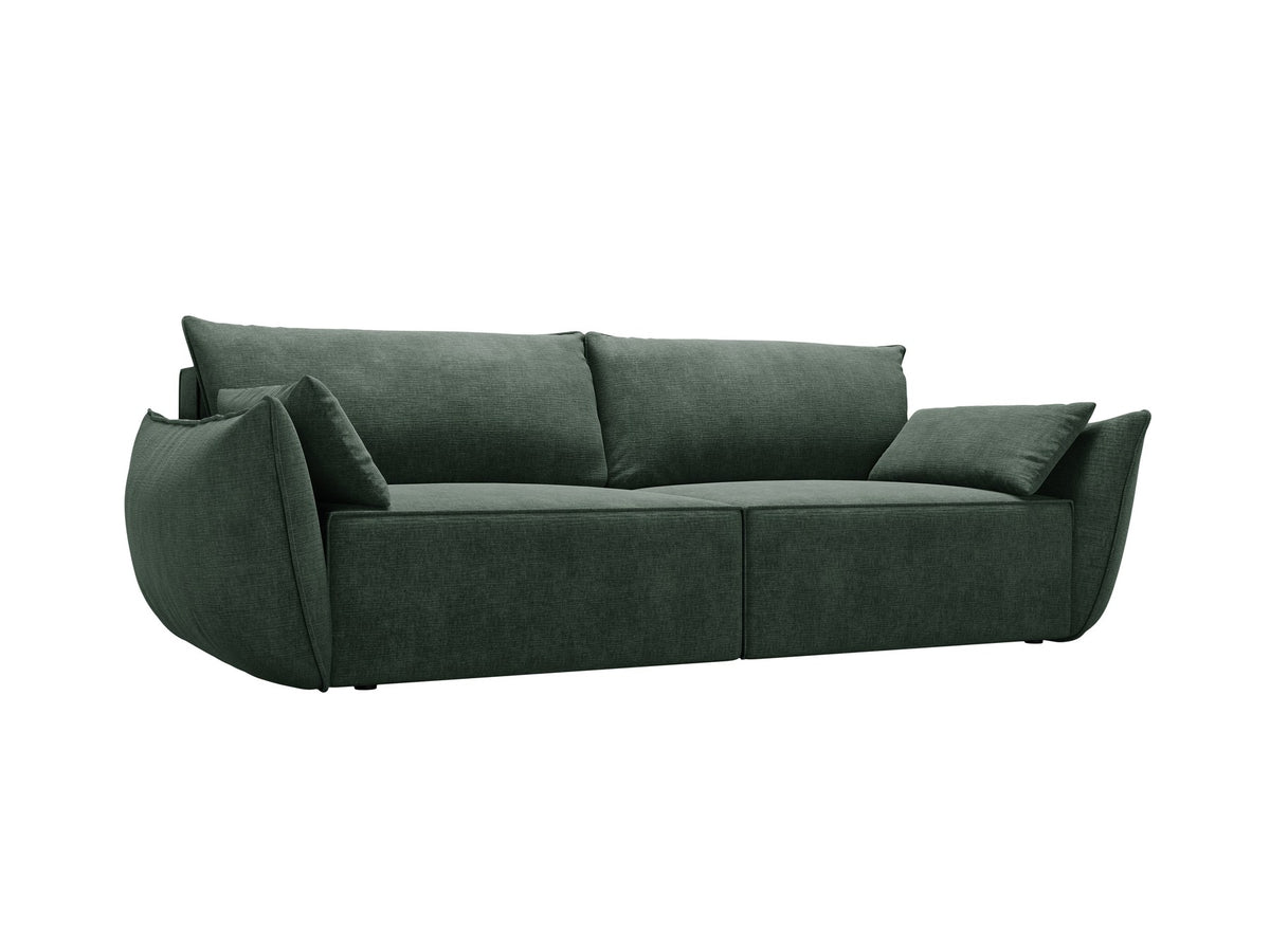 3-Sitzer Sofa Kaelle von Micadoni in leichtem Beige mit Chenille-Bezug, Bettkasten und schwarzen Kunststoffbeinen, Frontalansicht.