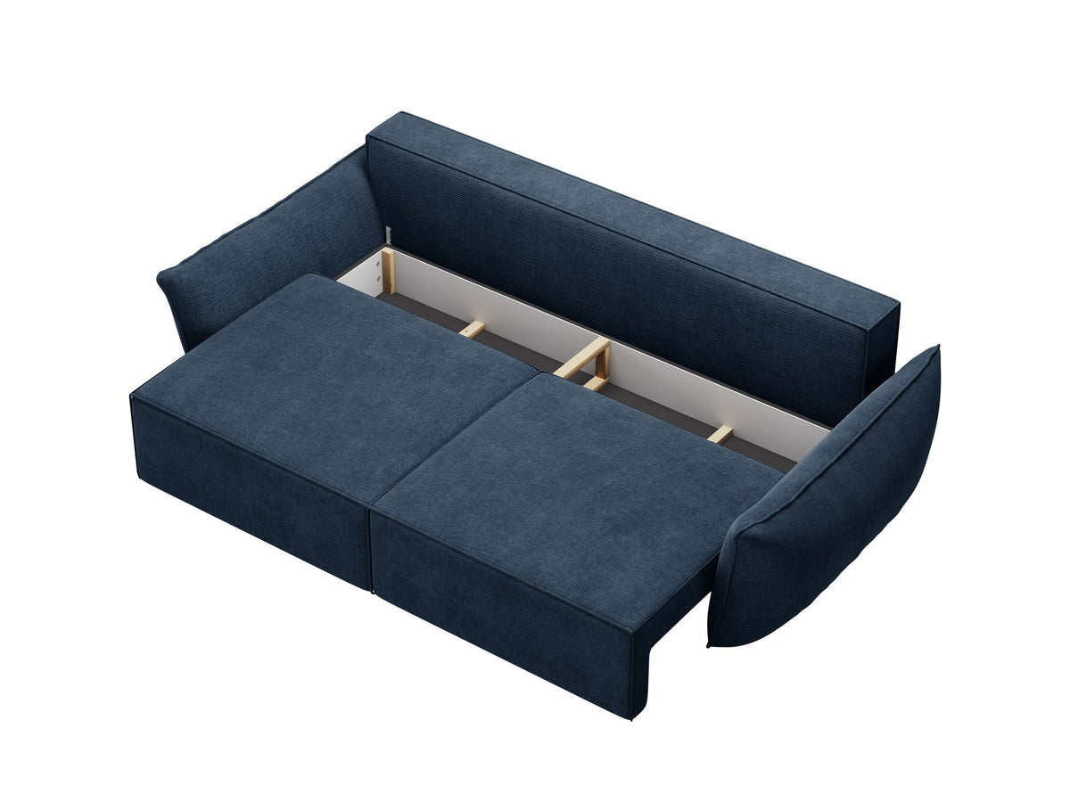 3-Sitzer Sofa Kaelle von Micadoni in leichtem Beige mit Chenille-Bezug, Bettkasten und schwarzen Kunststoffbeinen, Frontalansicht.