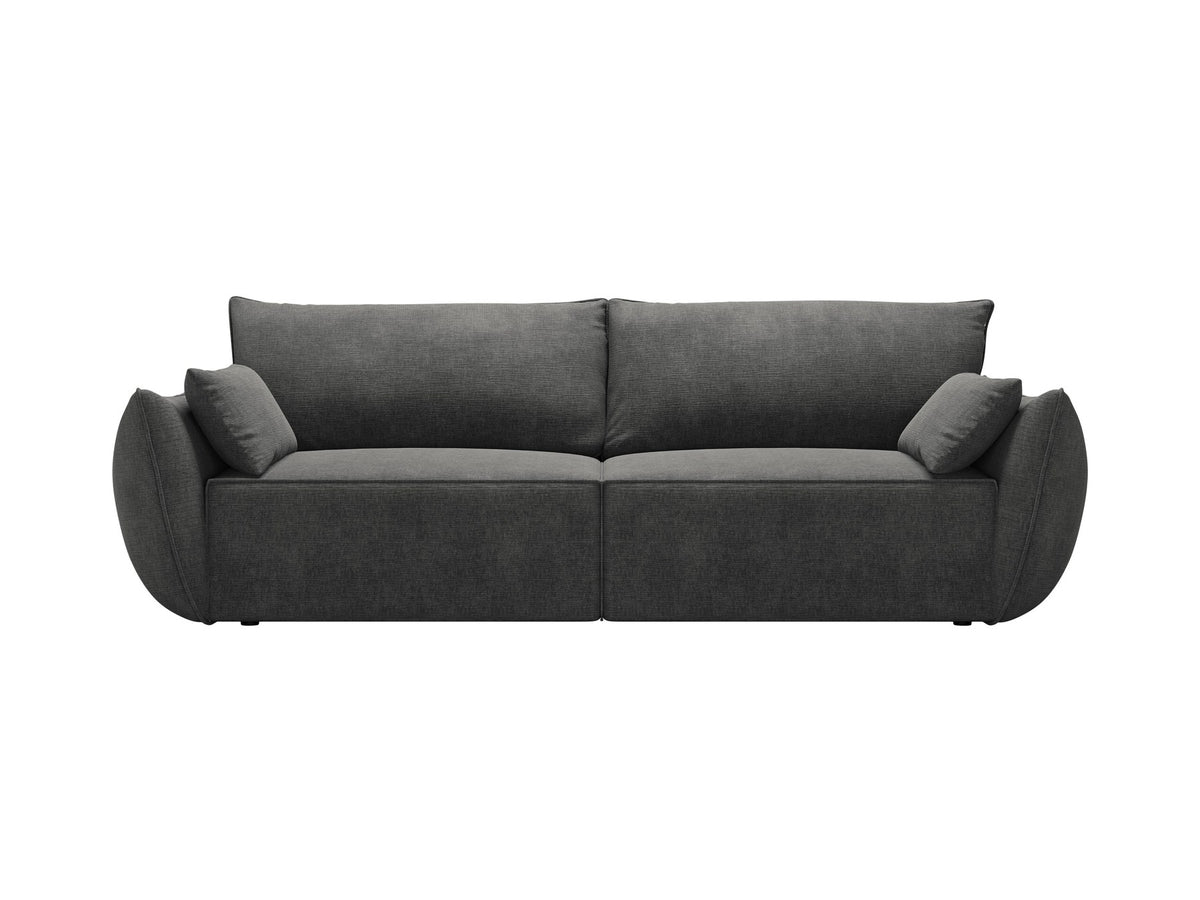 3-Sitzer Sofa Kaelle von Micadoni in leichtem Beige mit Chenille-Bezug, Bettkasten und schwarzen Kunststoffbeinen, Frontalansicht.