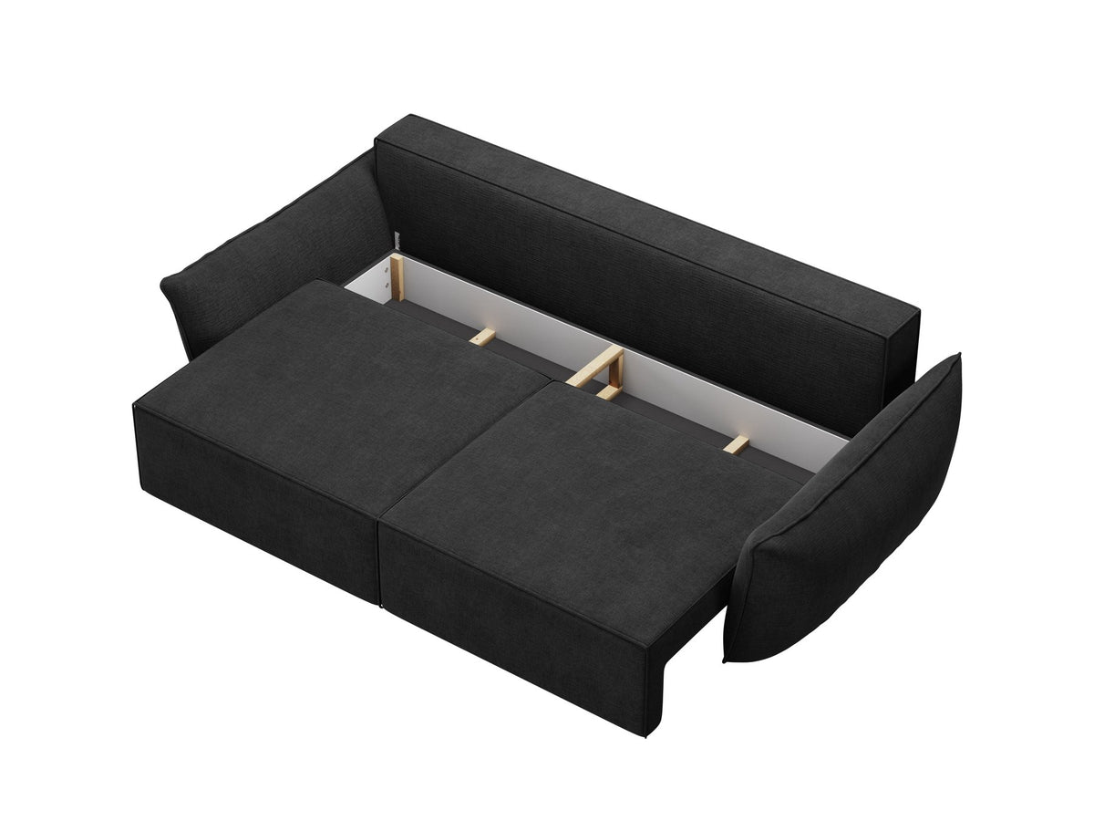 3-Sitzer Sofa Kaelle von Micadoni in leichtem Beige mit Chenille-Bezug, Bettkasten und schwarzen Kunststoffbeinen, Frontalansicht.