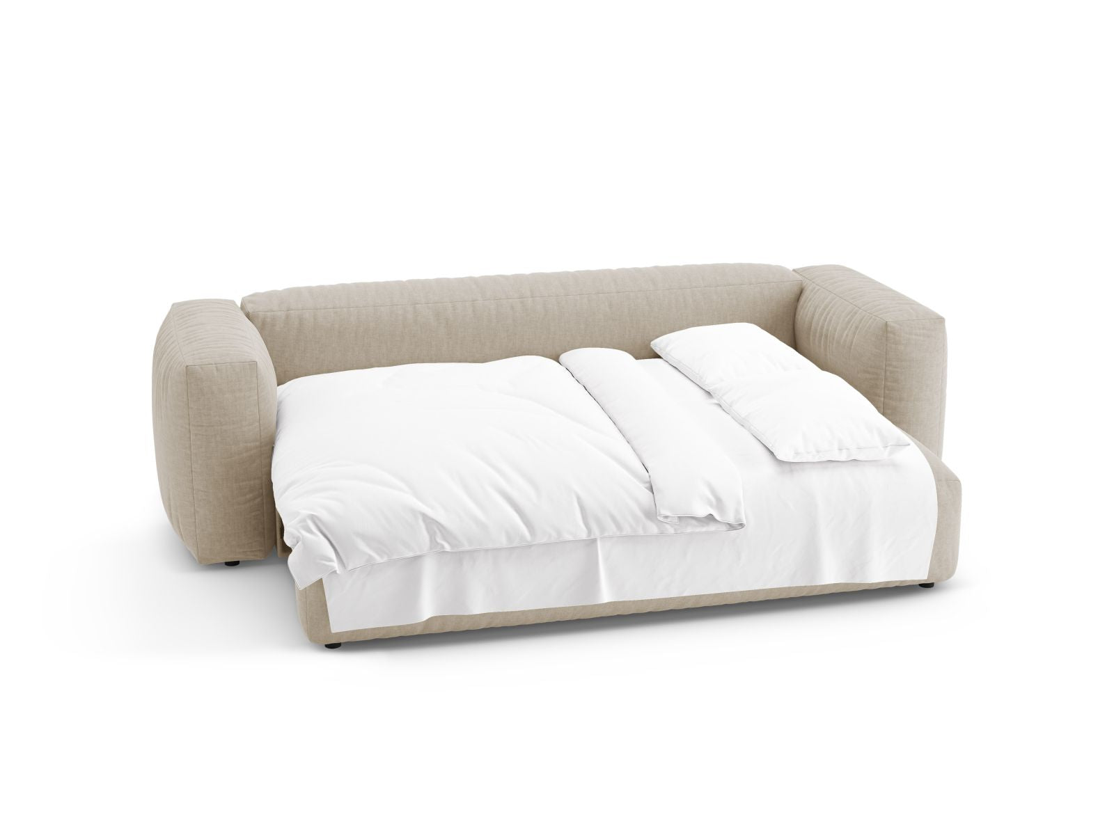 Bequemes 3-Sitzer Sofa Martina in sanftem Beige, perfekt für entspannte Abende und als Schlafgelegenheit für Gäste.