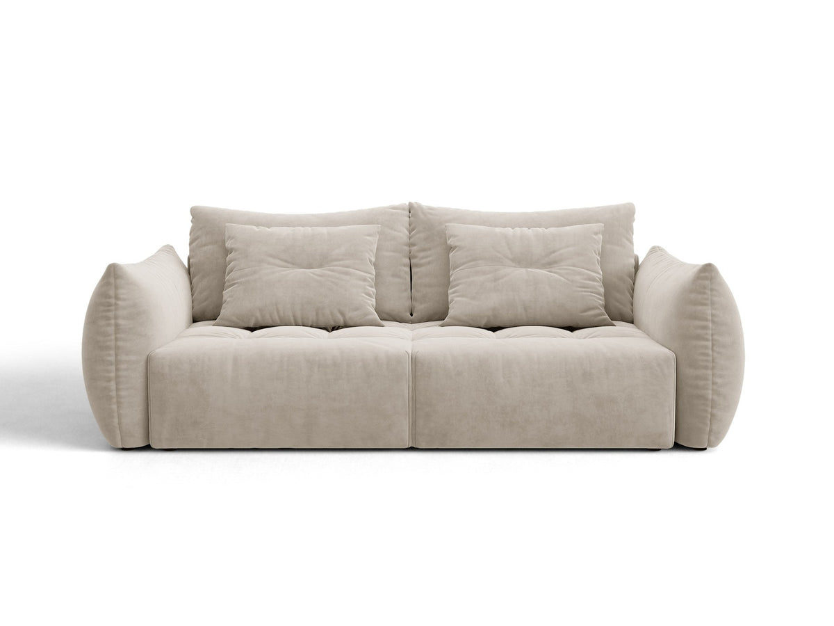 Beiges 3er Sofa Bloom von Micadoni aus samtigem Casino-Stoff mit schwarzen Kunststoffbeinen, ausklappbarer Bettfunktion und Stauraumfach.