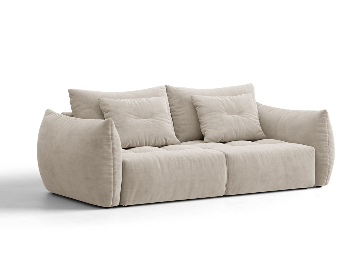 Beiges 3er Sofa Bloom von Micadoni aus samtigem Casino-Stoff mit schwarzen Kunststoffbeinen, ausklappbarer Bettfunktion und Stauraumfach.