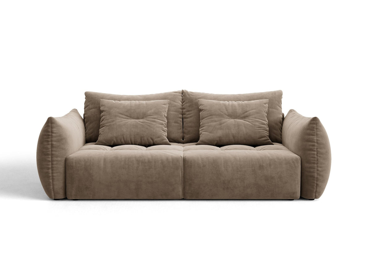 Beiges 3er Sofa Bloom von Micadoni aus samtigem Casino-Stoff mit schwarzen Kunststoffbeinen, ausklappbarer Bettfunktion und Stauraumfach.