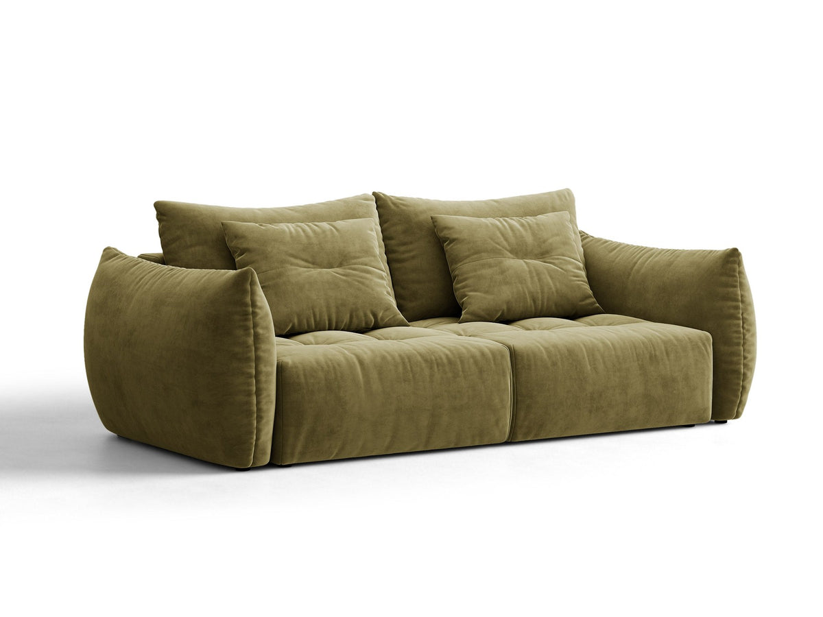 Beiges 3er Sofa Bloom von Micadoni aus samtigem Casino-Stoff mit schwarzen Kunststoffbeinen, ausklappbarer Bettfunktion und Stauraumfach.