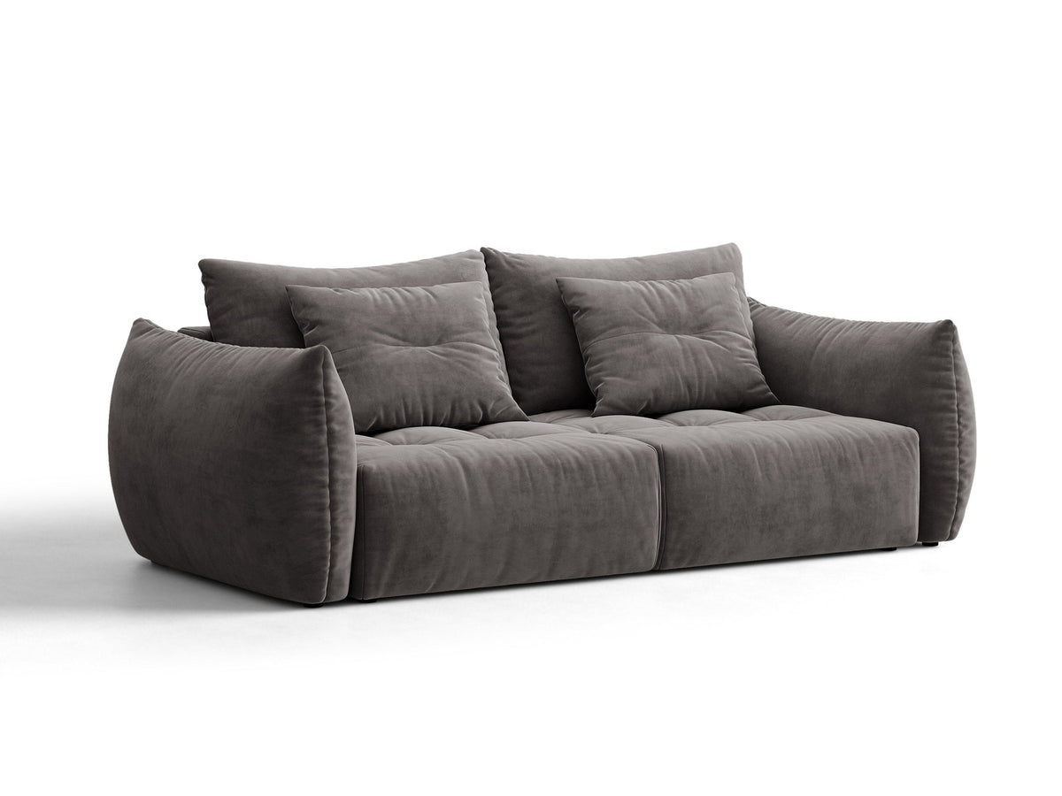 Beiges 3er Sofa Bloom von Micadoni aus samtigem Casino-Stoff mit schwarzen Kunststoffbeinen, ausklappbarer Bettfunktion und Stauraumfach.