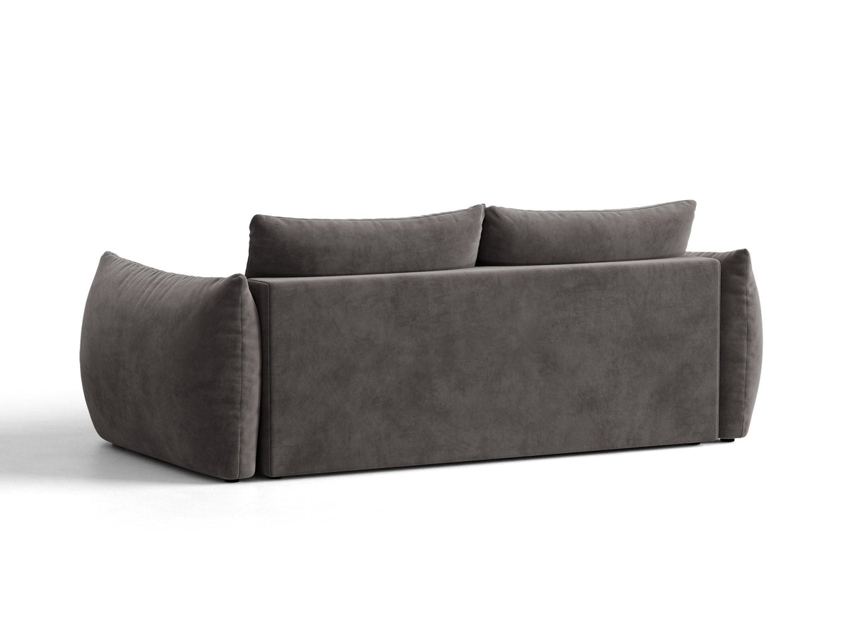 Beiges 3er Sofa Bloom von Micadoni aus samtigem Casino-Stoff mit schwarzen Kunststoffbeinen, ausklappbarer Bettfunktion und Stauraumfach.