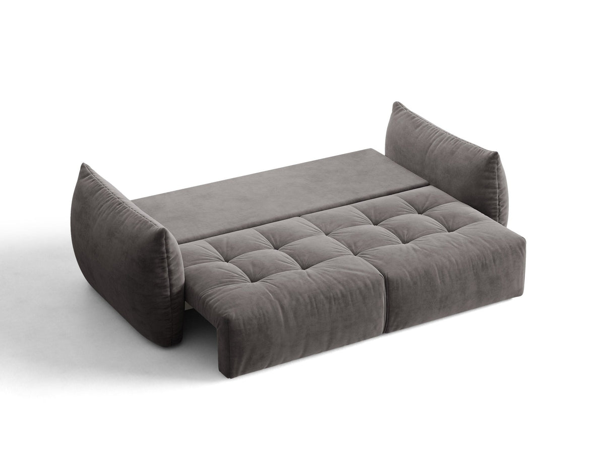 Beiges 3er Sofa Bloom von Micadoni aus samtigem Casino-Stoff mit schwarzen Kunststoffbeinen, ausklappbarer Bettfunktion und Stauraumfach.