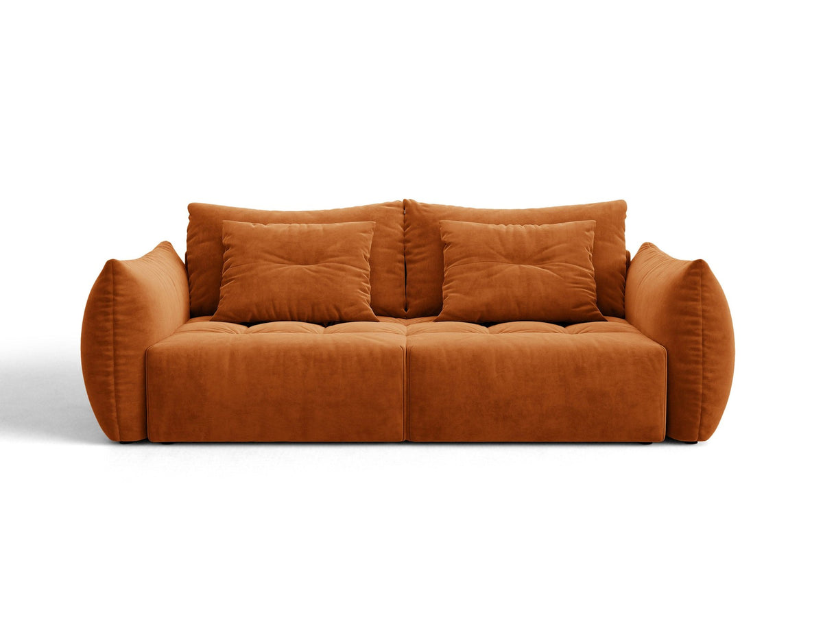 Beiges 3er Sofa Bloom von Micadoni aus samtigem Casino-Stoff mit schwarzen Kunststoffbeinen, ausklappbarer Bettfunktion und Stauraumfach.