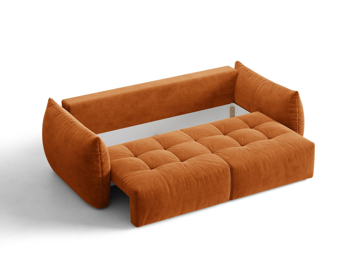 Beiges 3er Sofa Bloom von Micadoni aus samtigem Casino-Stoff mit schwarzen Kunststoffbeinen, ausklappbarer Bettfunktion und Stauraumfach.
