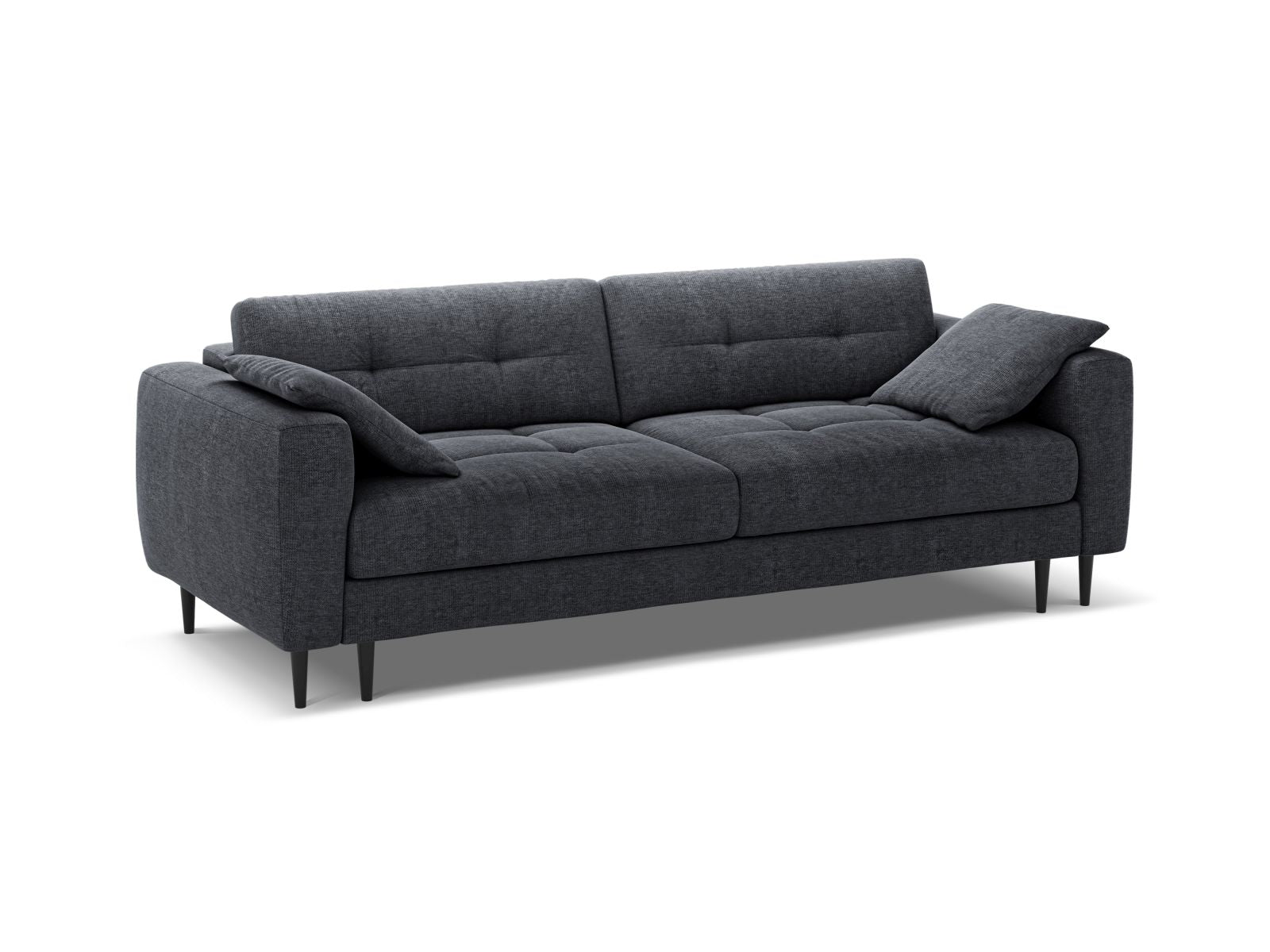 Elegantes 3-Sitzer Sofa Bemy in Dunkelblau mit Schlaffunktion und praktischem Stauraum, ideal für modernes Wohnen.