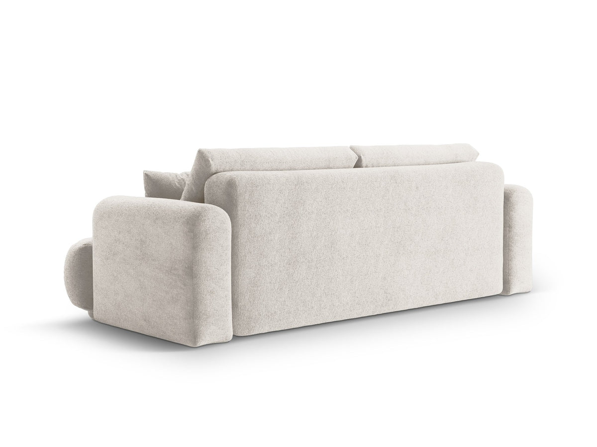 Beiges 3er Sofa Ella von Micadoni mit Veloursstoff-Bezug, ausklappbarer Bettfunktion, Stauraumbox und schwarzen Kunststoffbeinen.