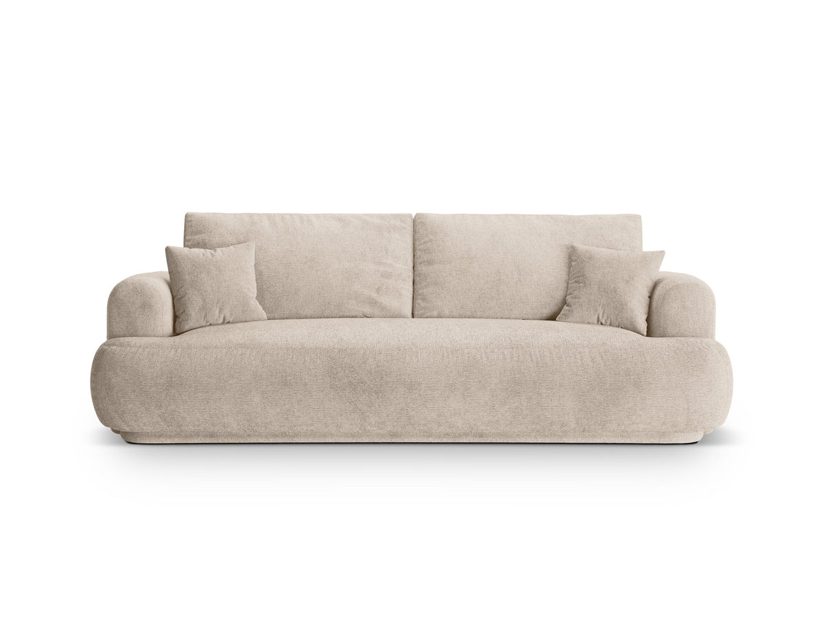 Beiges 3er Sofa Ella von Micadoni mit Veloursstoff-Bezug, ausklappbarer Bettfunktion, Stauraumbox und schwarzen Kunststoffbeinen.