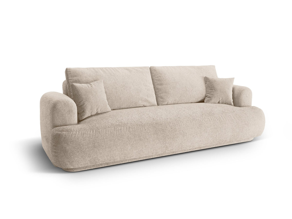 Beiges 3er Sofa Ella von Micadoni mit Veloursstoff-Bezug, ausklappbarer Bettfunktion, Stauraumbox und schwarzen Kunststoffbeinen.