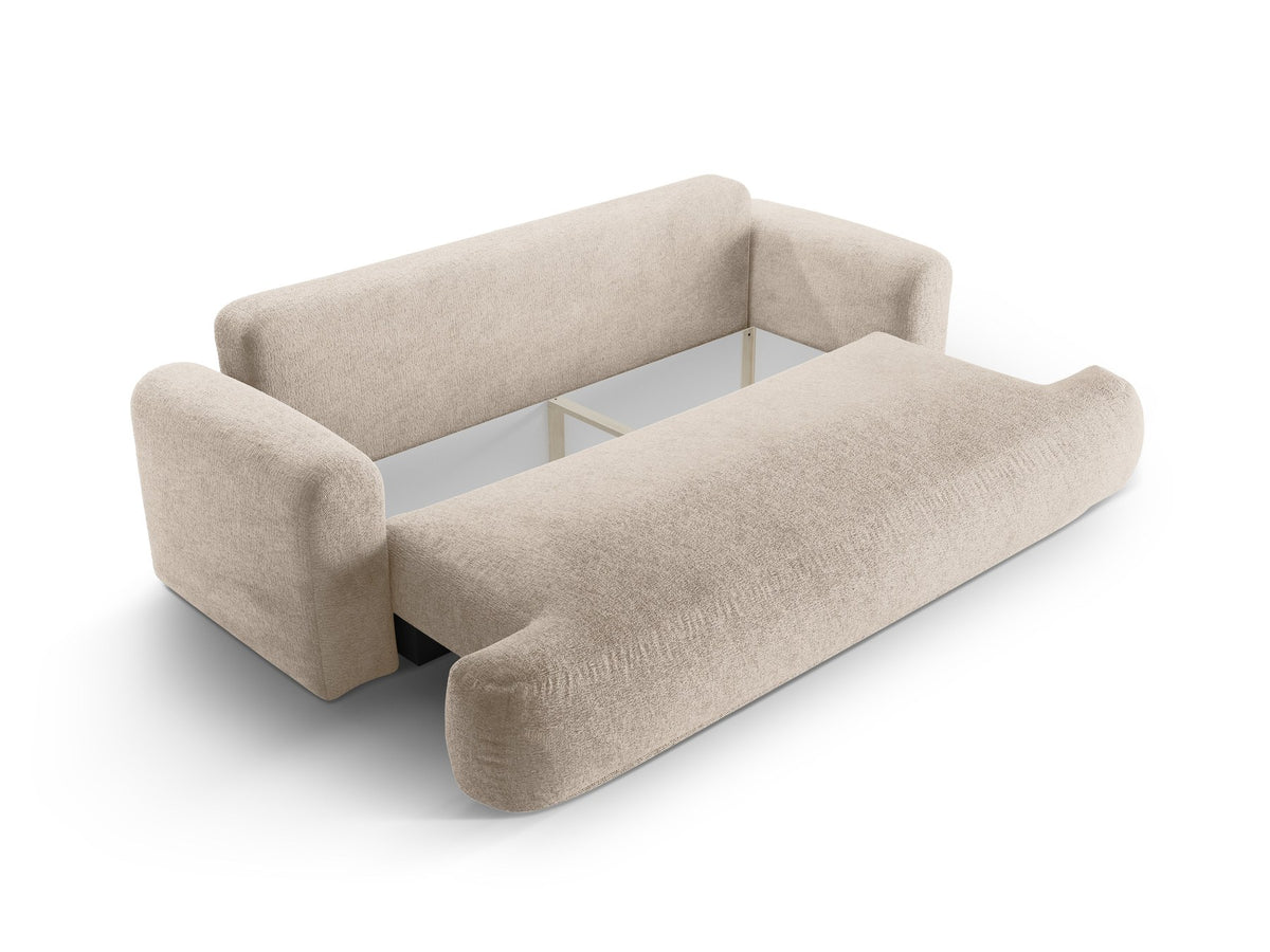 Beiges 3er Sofa Ella von Micadoni mit Veloursstoff-Bezug, ausklappbarer Bettfunktion, Stauraumbox und schwarzen Kunststoffbeinen.