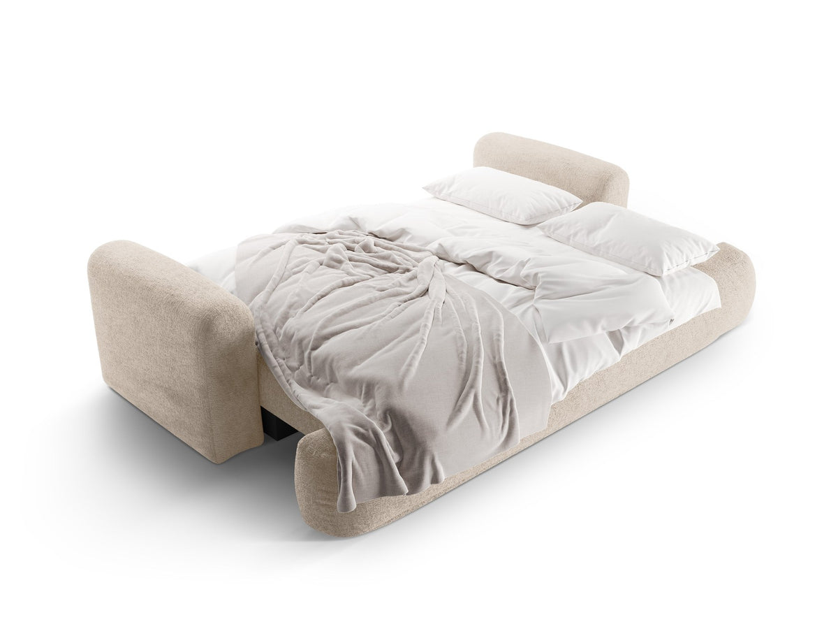 Beiges 3er Sofa Ella von Micadoni mit Veloursstoff-Bezug, ausklappbarer Bettfunktion, Stauraumbox und schwarzen Kunststoffbeinen.