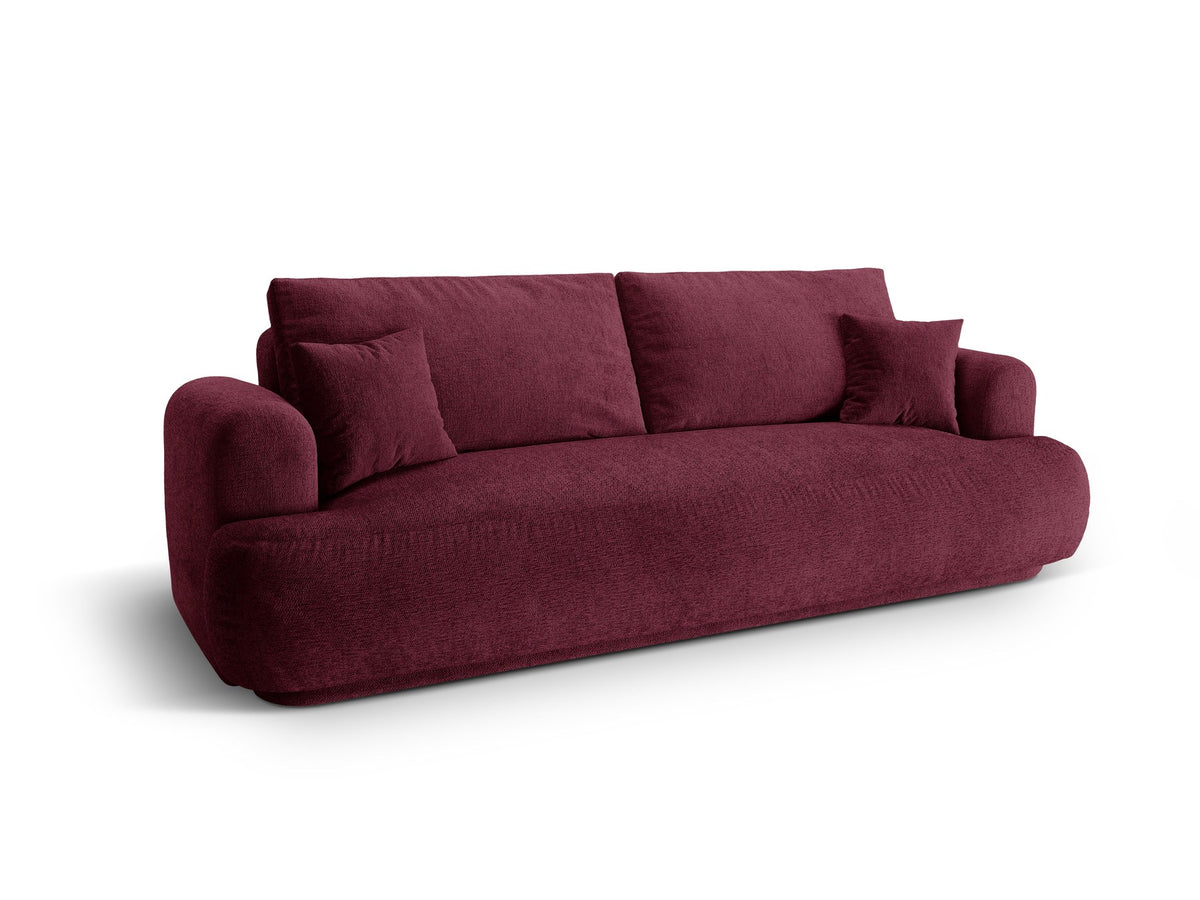 Beiges 3er Sofa Ella von Micadoni mit Veloursstoff-Bezug, ausklappbarer Bettfunktion, Stauraumbox und schwarzen Kunststoffbeinen.