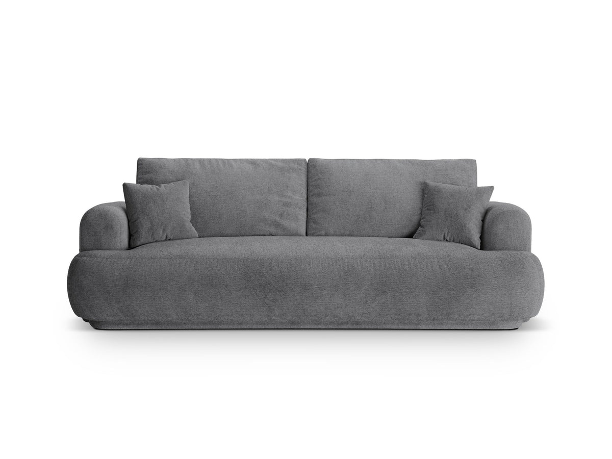 Beiges 3er Sofa Ella von Micadoni mit Veloursstoff-Bezug, ausklappbarer Bettfunktion, Stauraumbox und schwarzen Kunststoffbeinen.