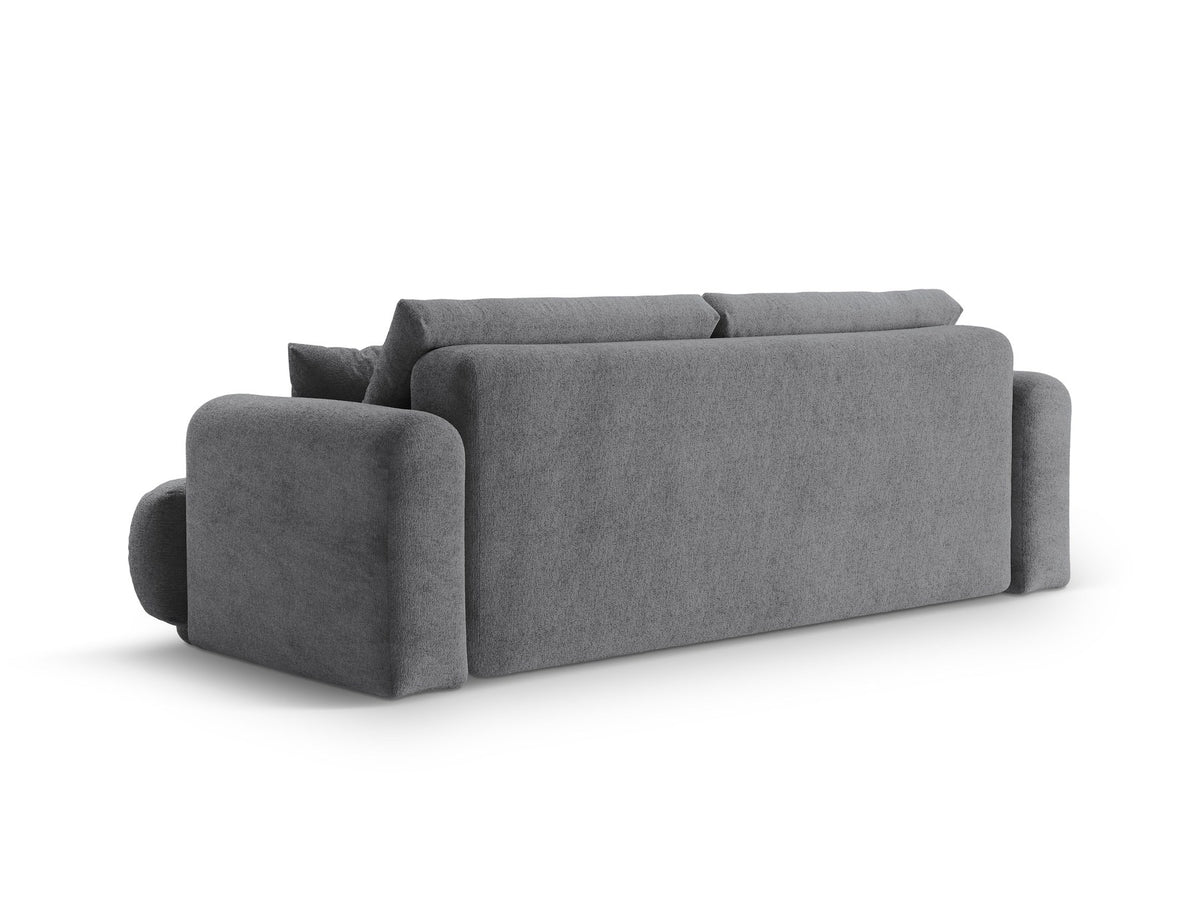 Beiges 3er Sofa Ella von Micadoni mit Veloursstoff-Bezug, ausklappbarer Bettfunktion, Stauraumbox und schwarzen Kunststoffbeinen.