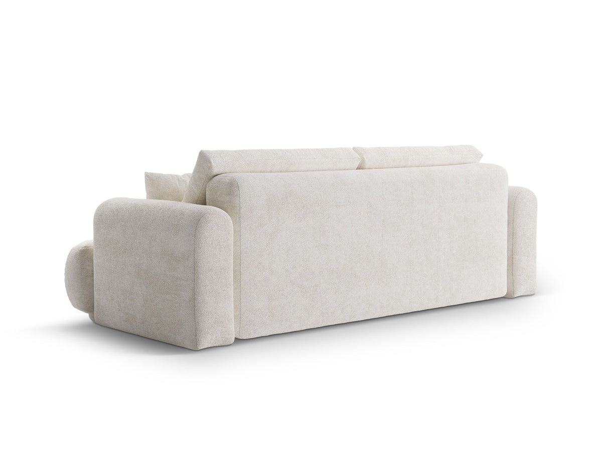 Beiges 3er Sofa Ella von Micadoni mit Veloursstoff-Bezug, ausklappbarer Bettfunktion, Stauraumbox und schwarzen Kunststoffbeinen.
