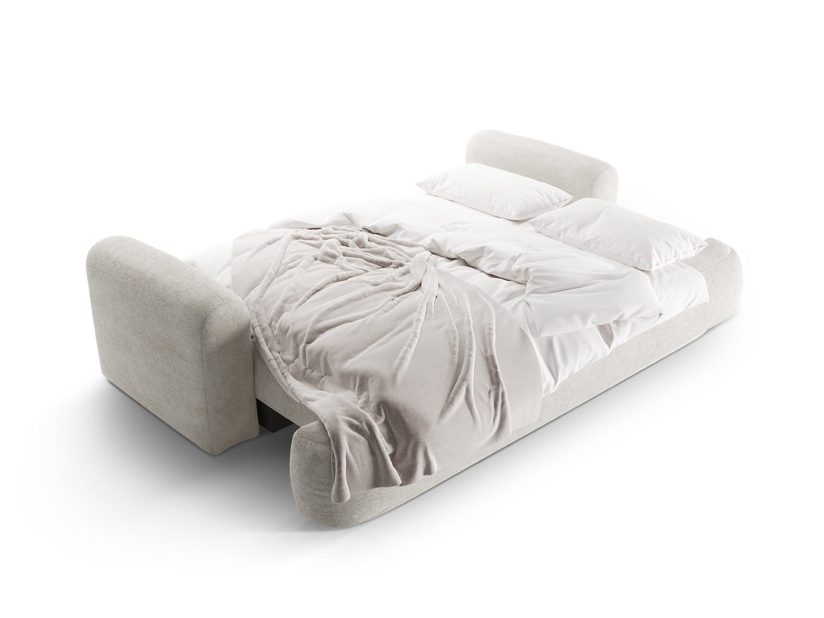 Beiges 3er Sofa Ella von Micadoni mit Veloursstoff-Bezug, ausklappbarer Bettfunktion, Stauraumbox und schwarzen Kunststoffbeinen.