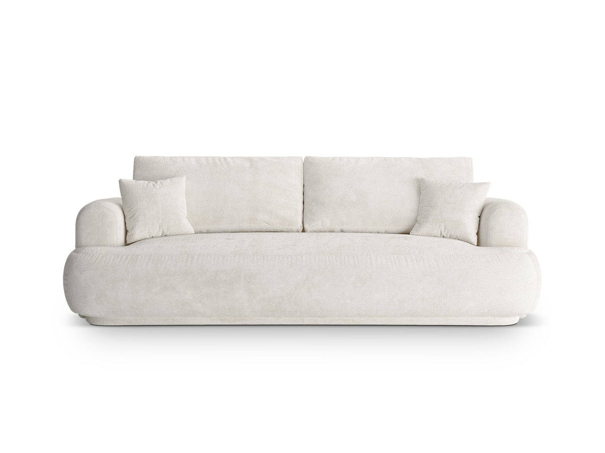 Beiges 3er Sofa Ella von Micadoni mit Veloursstoff-Bezug, ausklappbarer Bettfunktion, Stauraumbox und schwarzen Kunststoffbeinen.