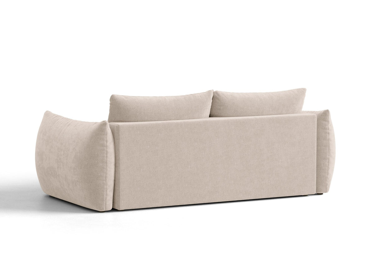 Beiges 3er Sofa Bloom von Micadoni aus samtigem Casino-Stoff mit schwarzen Kunststoffbeinen, ausklappbarer Bettfunktion und Stauraumfach.