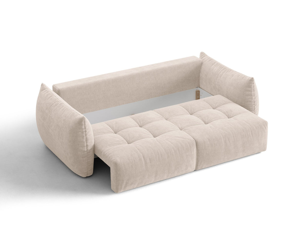 Beiges 3er Sofa Bloom von Micadoni aus samtigem Casino-Stoff mit schwarzen Kunststoffbeinen, ausklappbarer Bettfunktion und Stauraumfach.