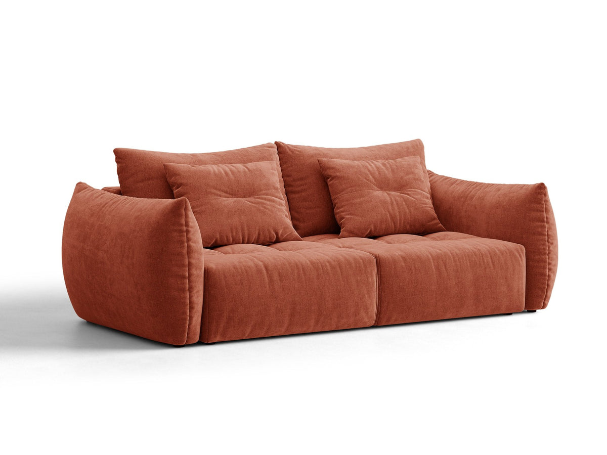 Beiges 3er Sofa Bloom von Micadoni aus samtigem Casino-Stoff mit schwarzen Kunststoffbeinen, ausklappbarer Bettfunktion und Stauraumfach.