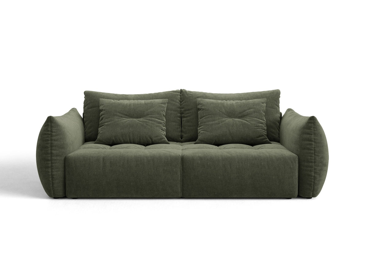 Beiges 3er Sofa Bloom von Micadoni aus samtigem Casino-Stoff mit schwarzen Kunststoffbeinen, ausklappbarer Bettfunktion und Stauraumfach.