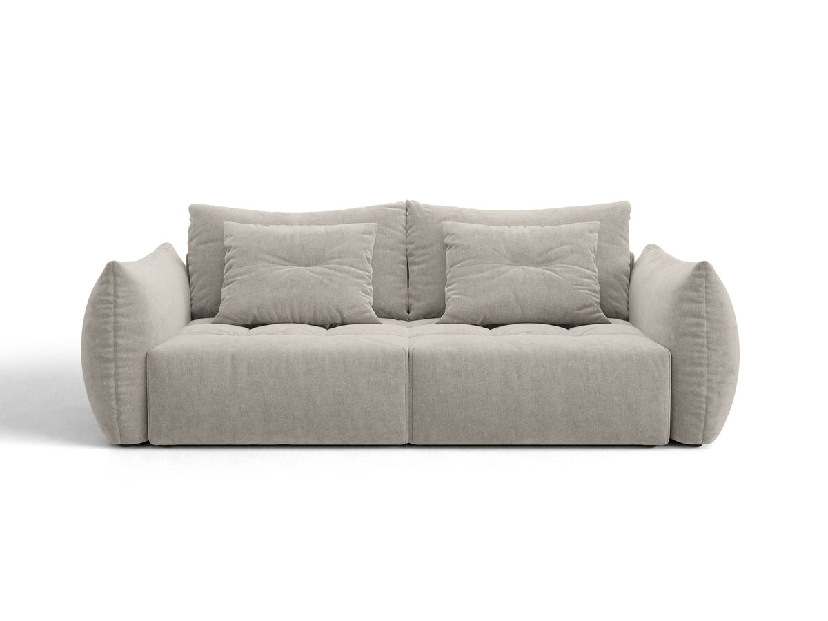 Beiges 3er Sofa Bloom von Micadoni aus samtigem Casino-Stoff mit schwarzen Kunststoffbeinen, ausklappbarer Bettfunktion und Stauraumfach.