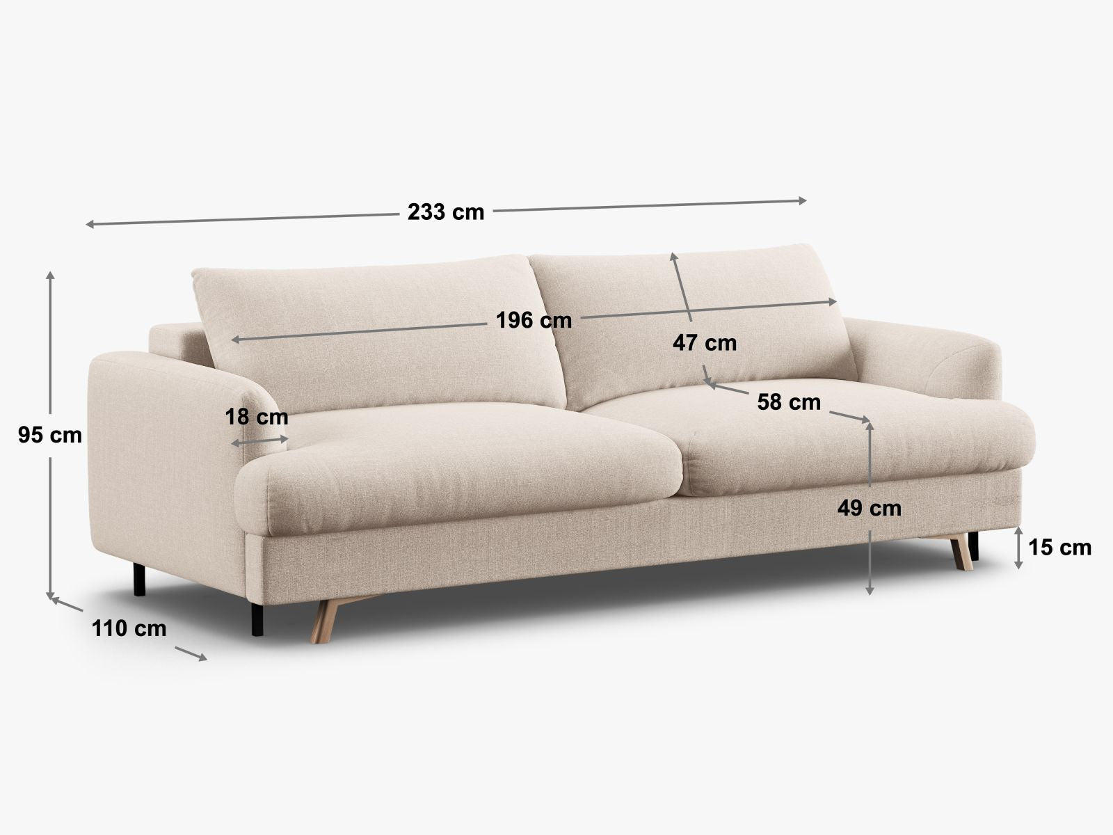 Elegantes 3-Sitzer Sofa Naomi in Beige, bietet komfortable Schlaffunktion und praktischen Stauraum für stilvolles Wohnen.