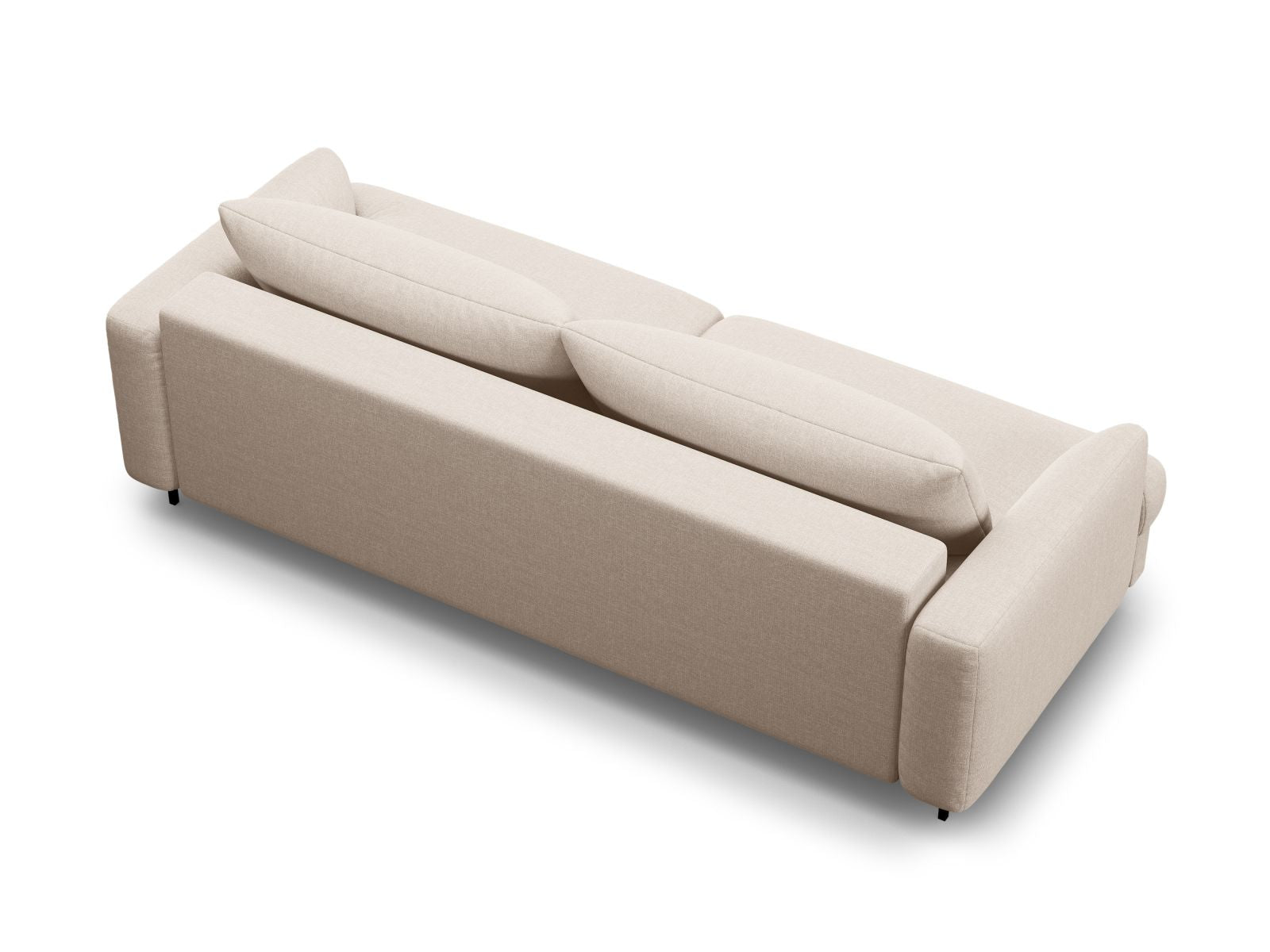 Modernes 3-Sitzer Sofa Naomi in sanftem Beige, ideal für Gästeübernachtungen und mit cleverem Stauraum für mehr Ordnung.
