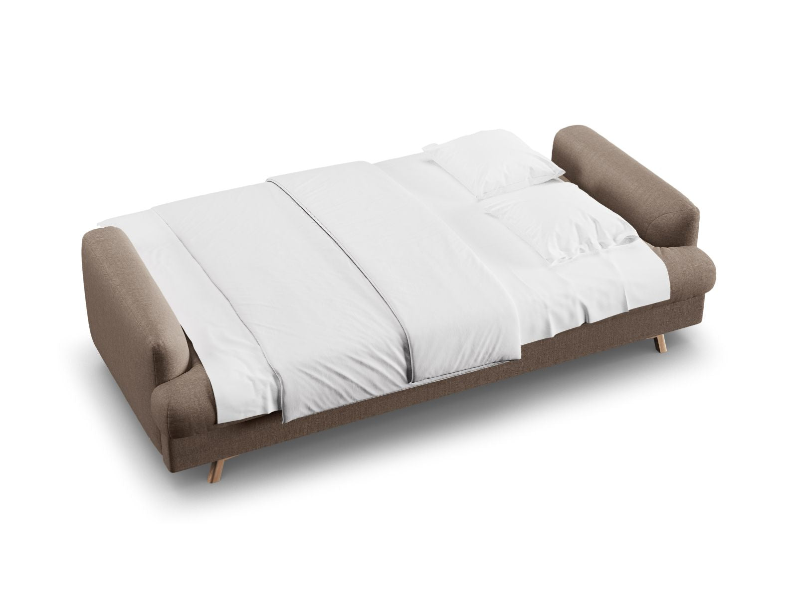 Elegantes 3-Sitzer Sofa Naomi in sanftem Cappuccino, ideal für entspannte Abende und als praktisches Schlafsofa mit integriertem Stauraum.