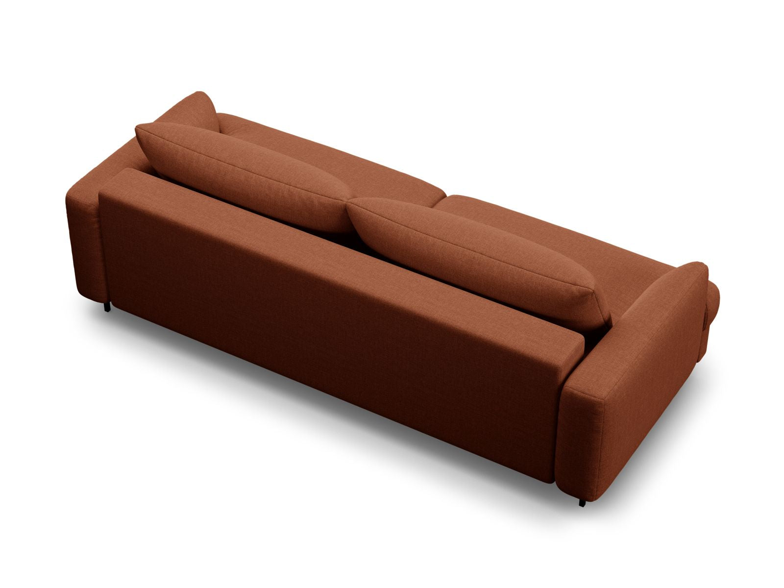 Elegantes 3-Sitzer Sofa Naomi in Ziegelrot, ideal für entspannte Abende und als platzsparende Schlafgelegenheit mit zusätzlichem Stauraum.