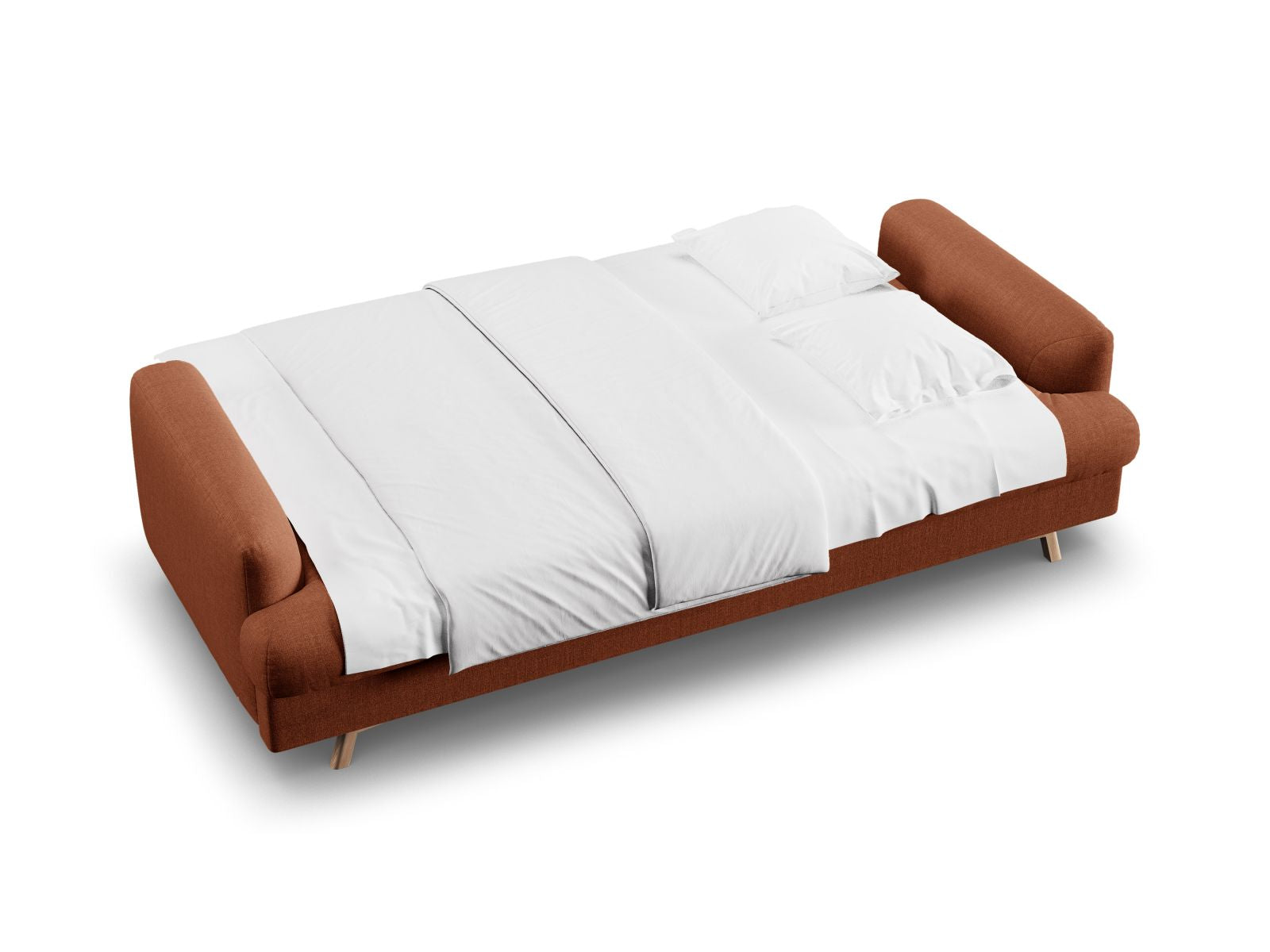 Elegantes 3-Sitzer Sofa Naomi in Ziegelrot, ideal für kleine Räume, mit Schlaffunktion und integriertem Stauraum für zusätzlichen Komfort.