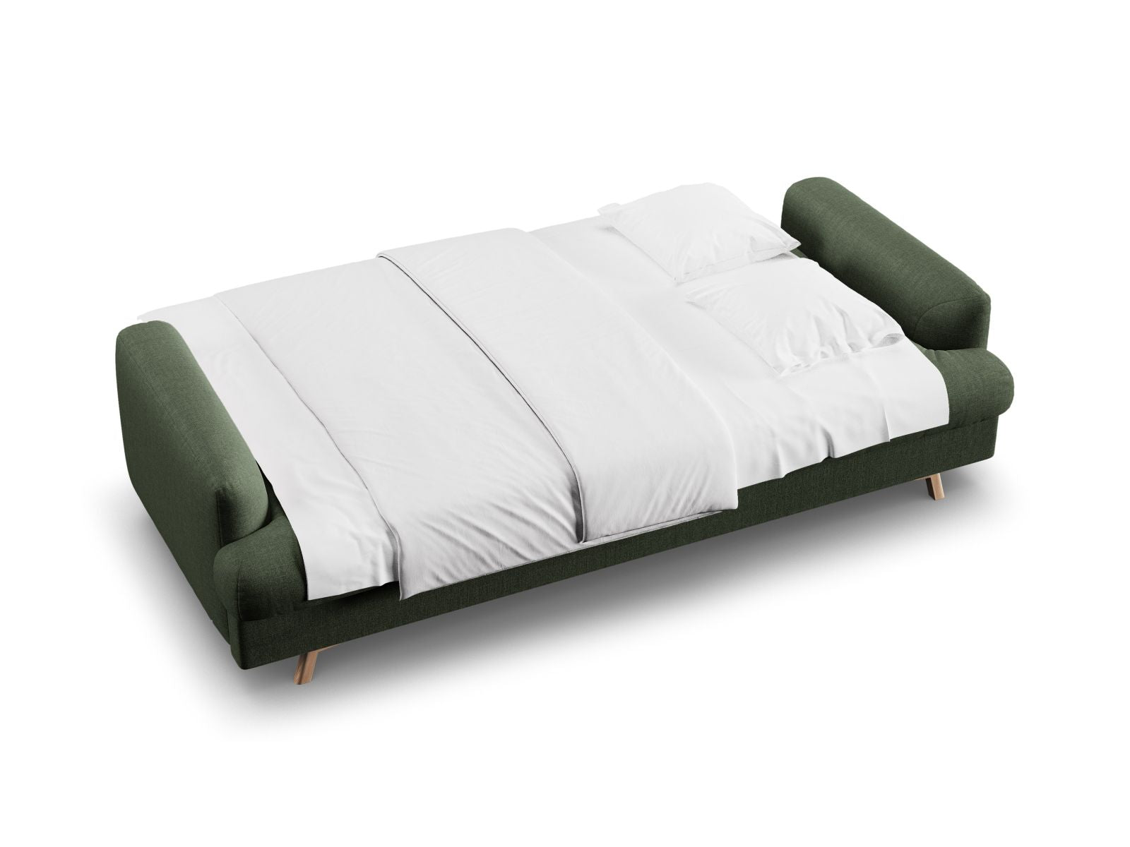 Elegantes 3-Sitzer Sofa Naomi in stilvollem Moosgrün, bietet eine praktische Schlaffunktion und cleveren Stauraum für Ihr Zuhause.