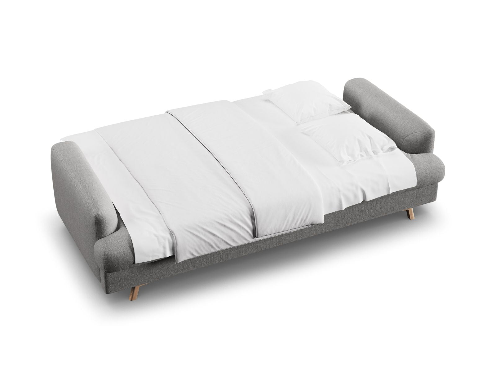 Elegantes 3-Sitzer Sofa Naomi, ideal für kleine Räume, bietet eine praktische Schlaffunktion und zusätzlichen Stauraum für Kissen und Decken.