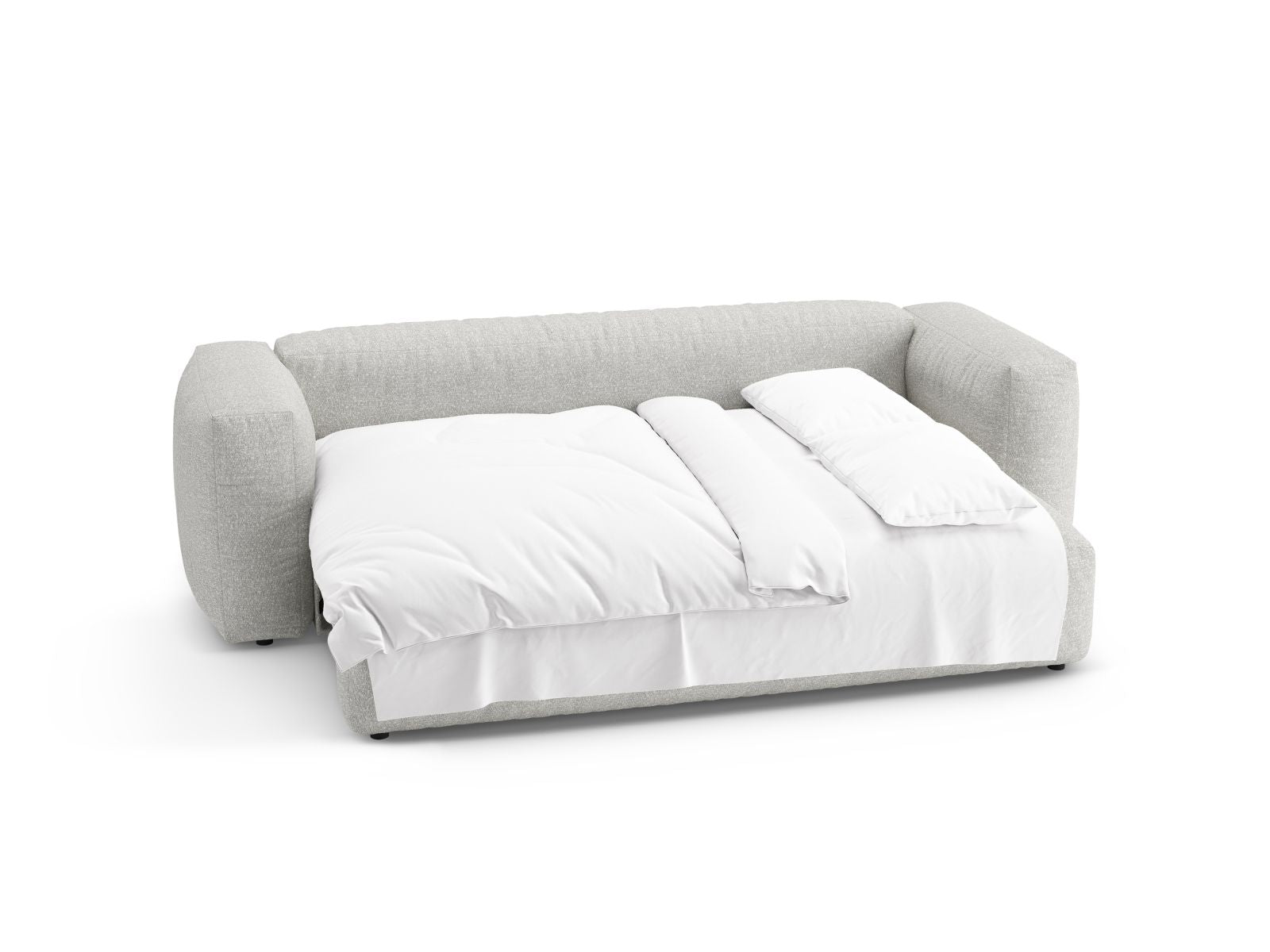 Stylisches 3-Sitzer Bettsofa Martina in sanften Grau-Beige-Tönen, perfekt für Wohnräume und als komfortable Schlafgelegenheit.
