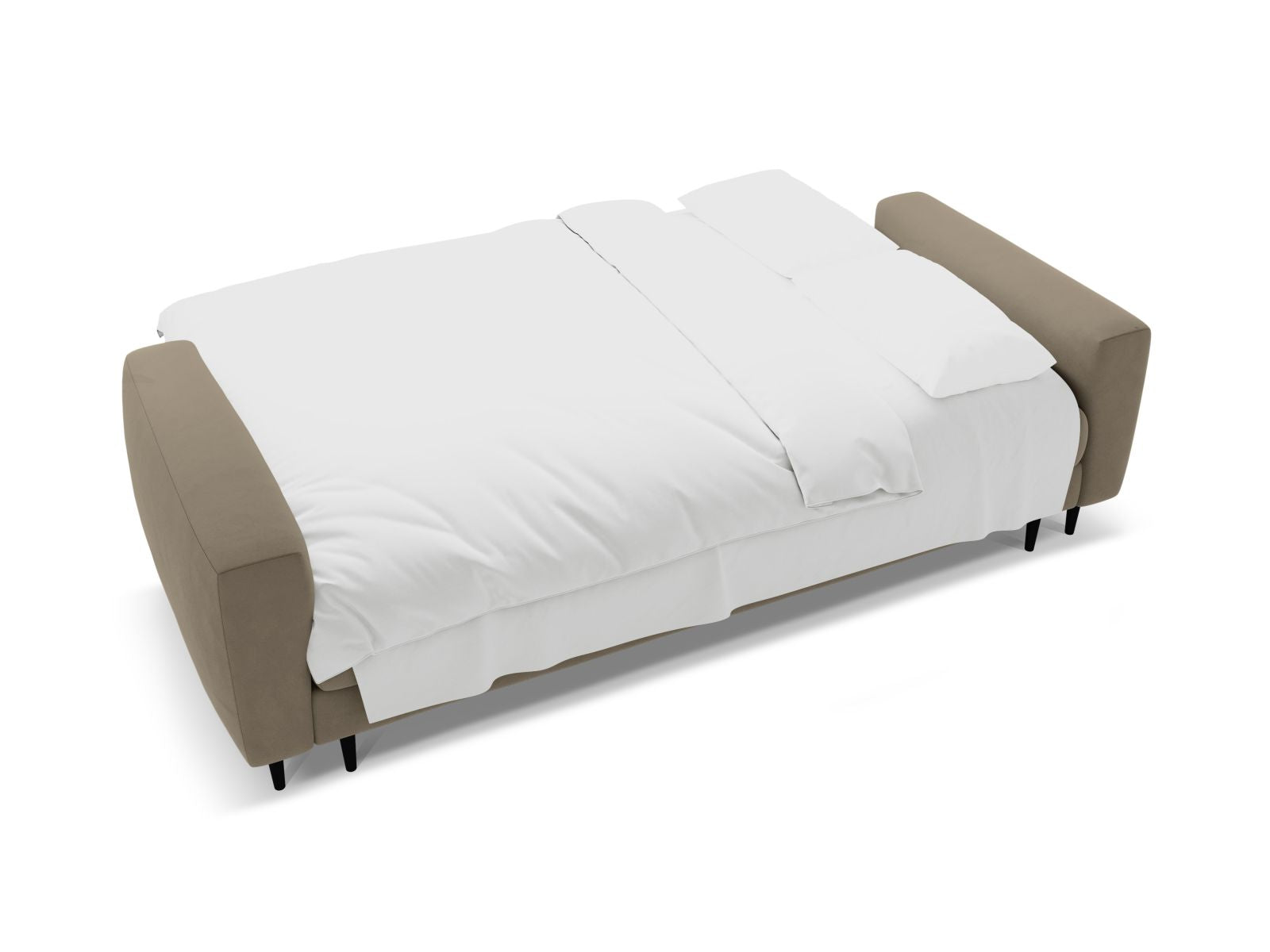 Modernes 3-Sitzer Sofa Bemy in elegantem Grau-Braun, ideal für entspannte Abende und als Schlafgelegenheit mit zusätzlichem Stauraum.