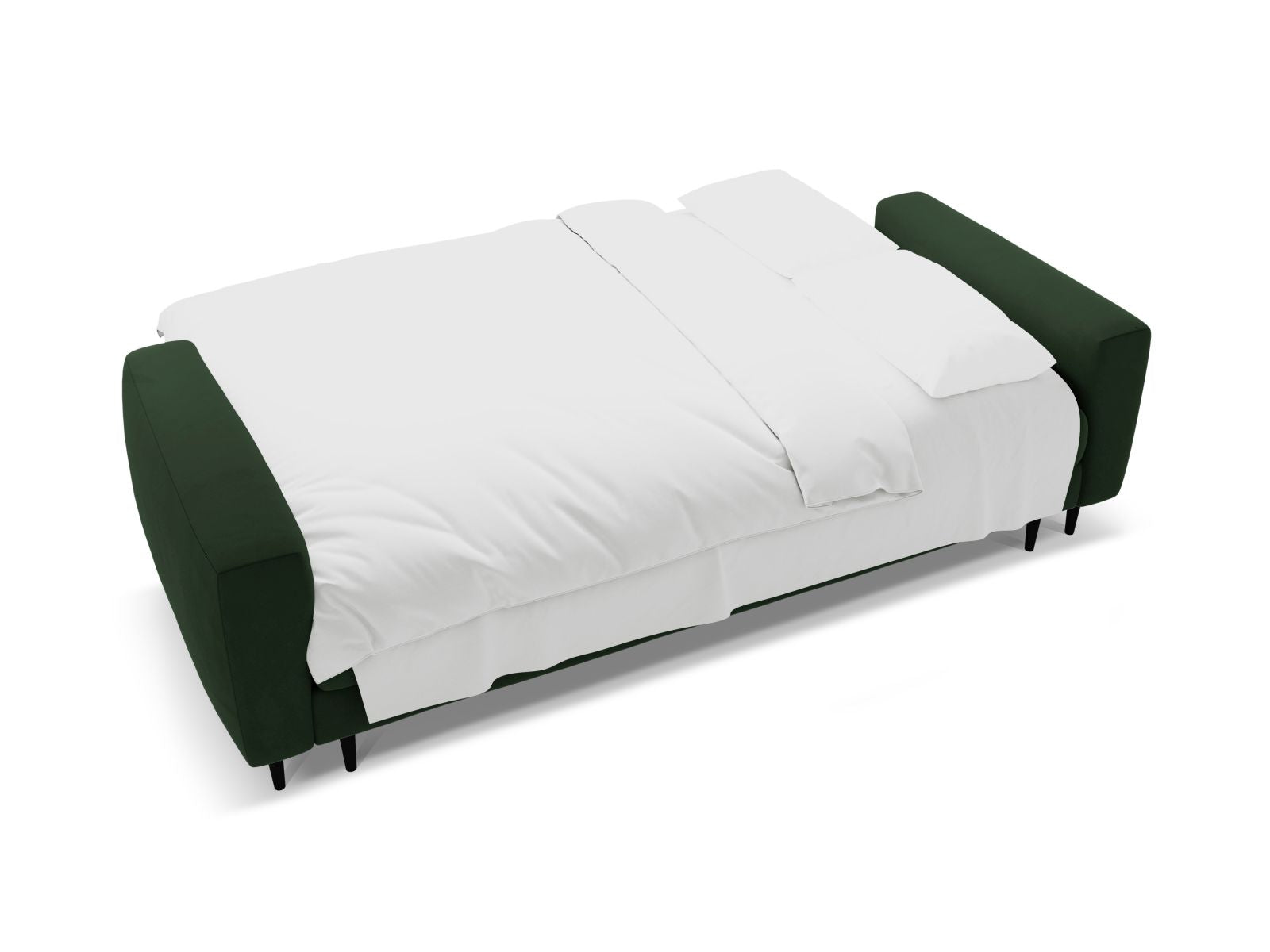 Stylisches 3-Sitzer Bettsofa Bemy in tiefem Grün, kombiniert modernes Design mit praktischen Funktionen wie Schlaffunktion und Stauraum.