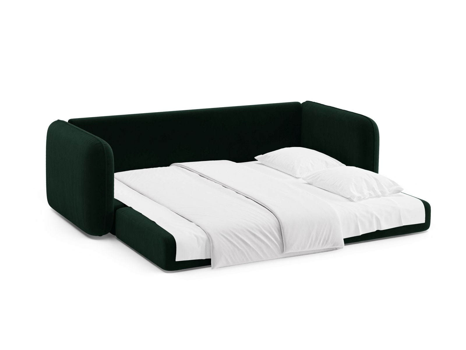 Modernes 3-Sitzer Sofa Dormi in edlem Flaschengrün, vielseitig einsetzbar als gemütliches Sofa und komfortables Bett für Gäste.