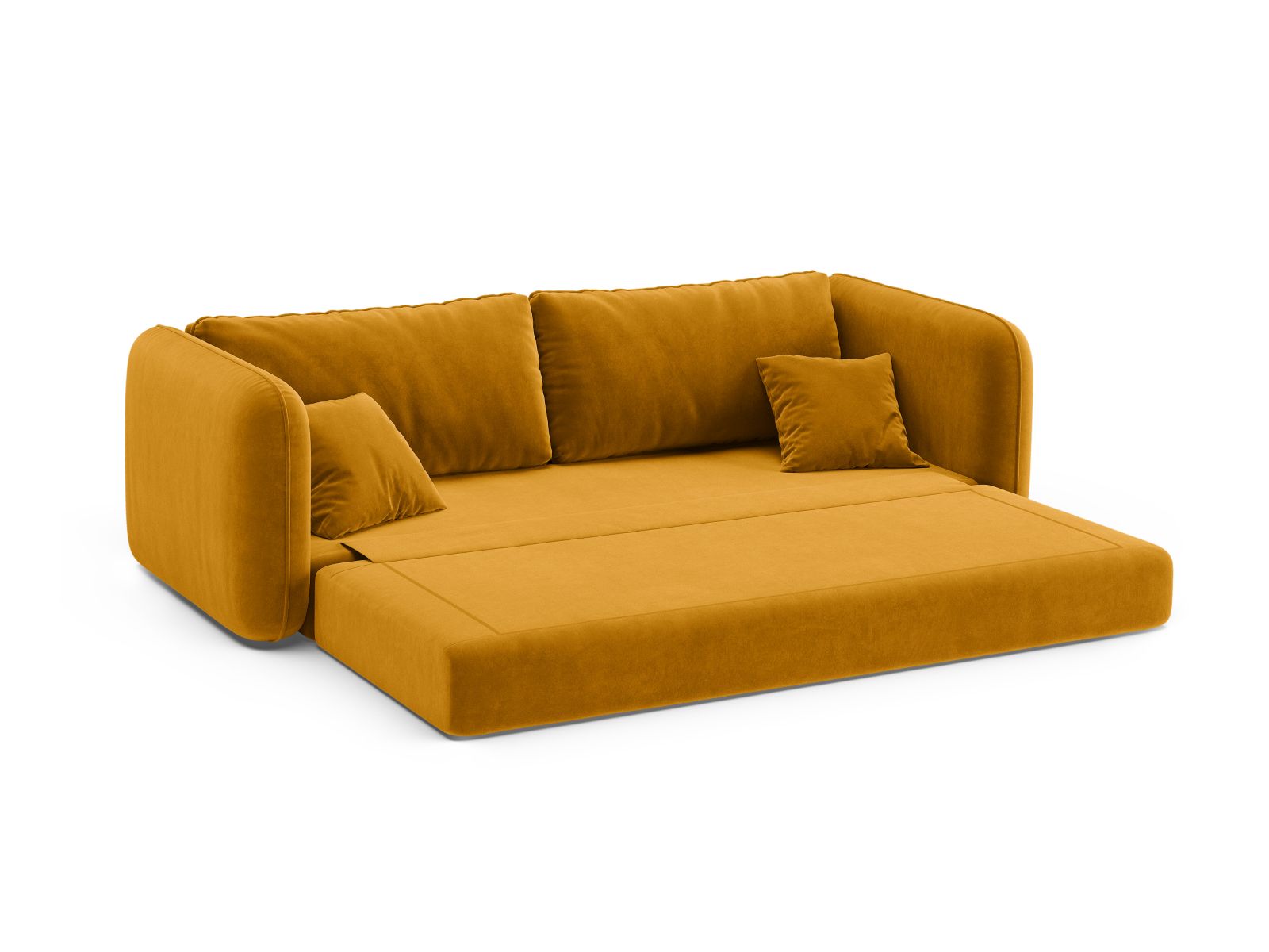 Stylisches 3-Sitzer Sofa Dormi in leuchtendem Gelb, ideal für entspannte Abende und als Schlafgelegenheit für Gäste.